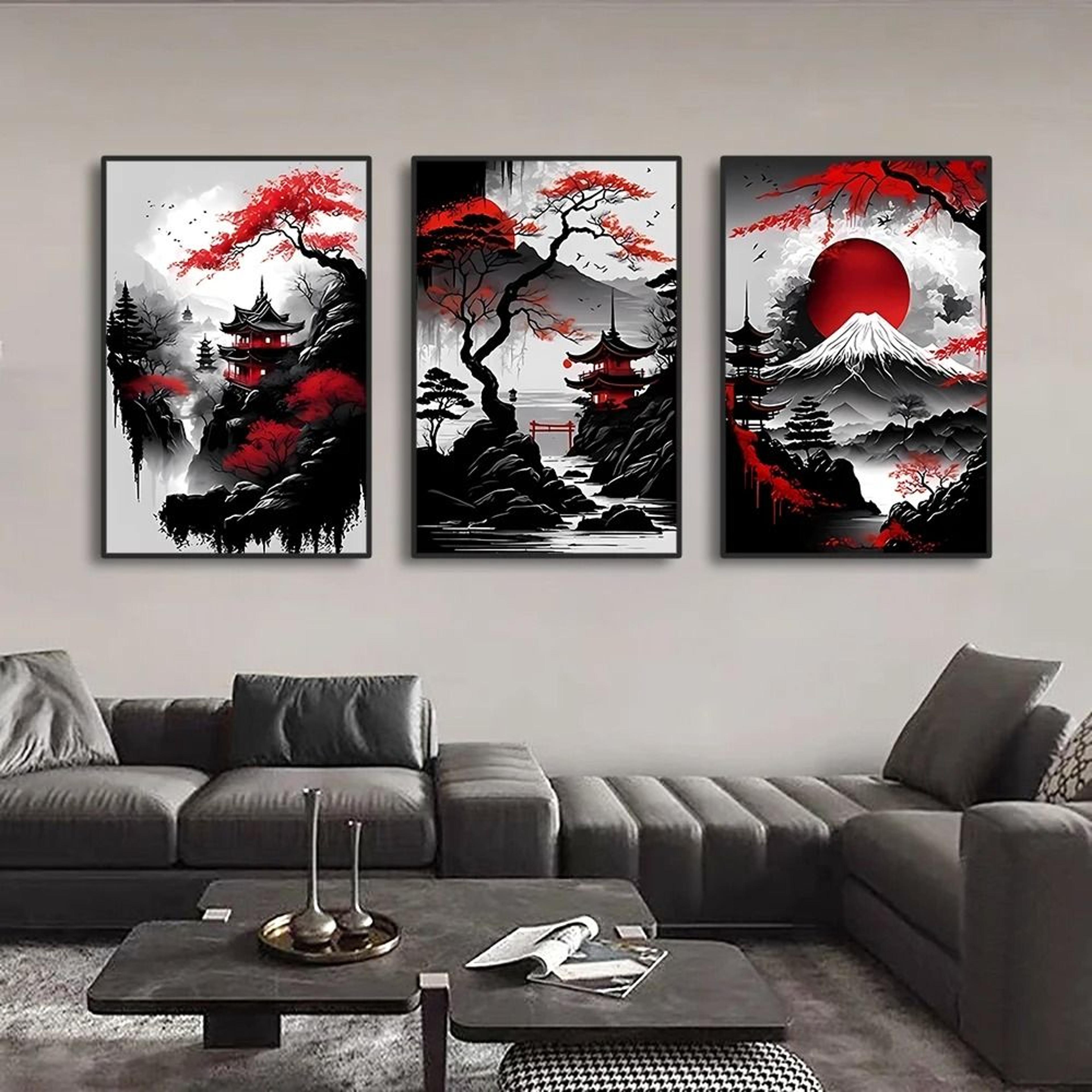 vintage nippon landscape triptych | black & red japanese canvas art | executive studio & zen sanctuary decor