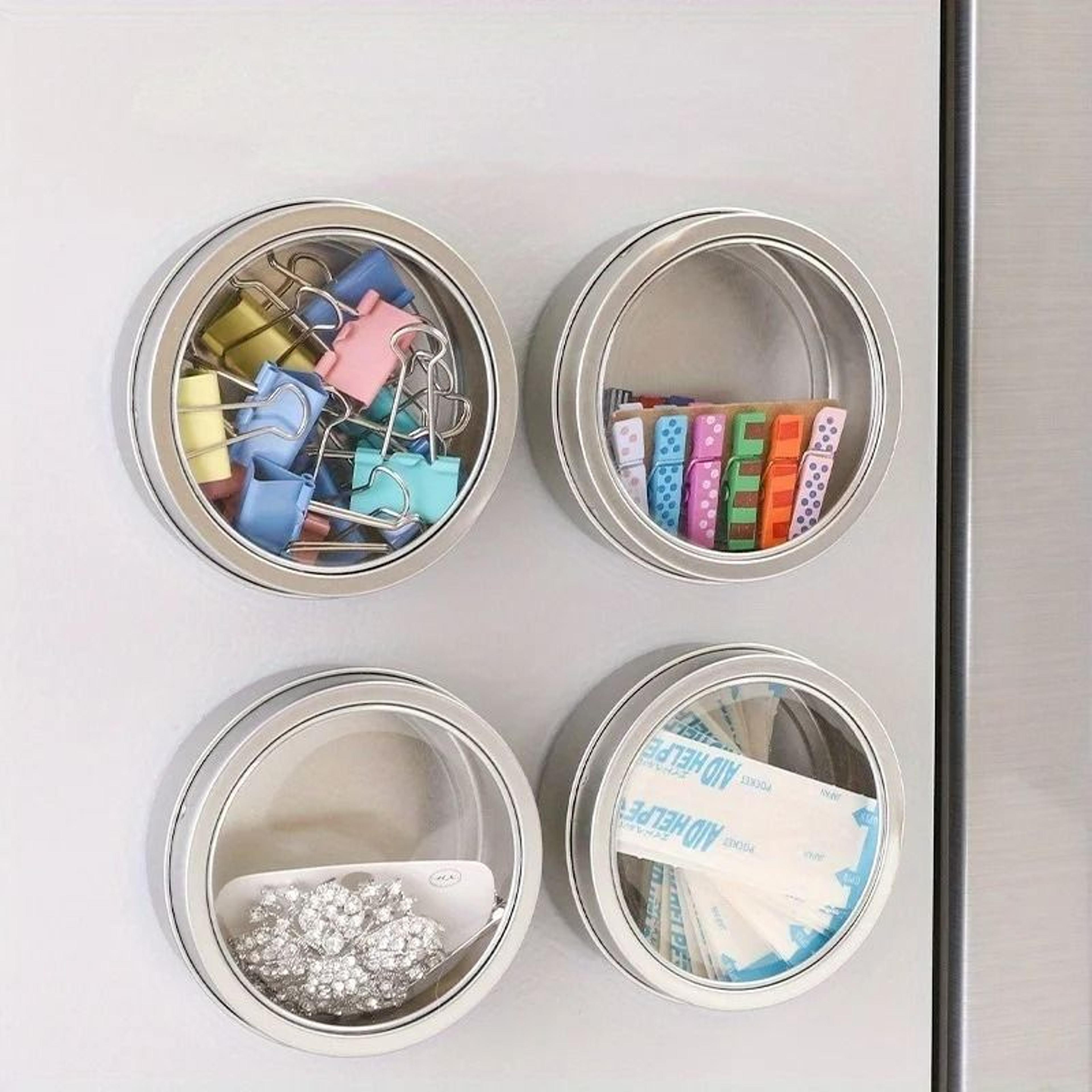 Magnetic Fridge Organizer Round Tin Box  Transparent Cover Spice  Home Office Storage Container 1