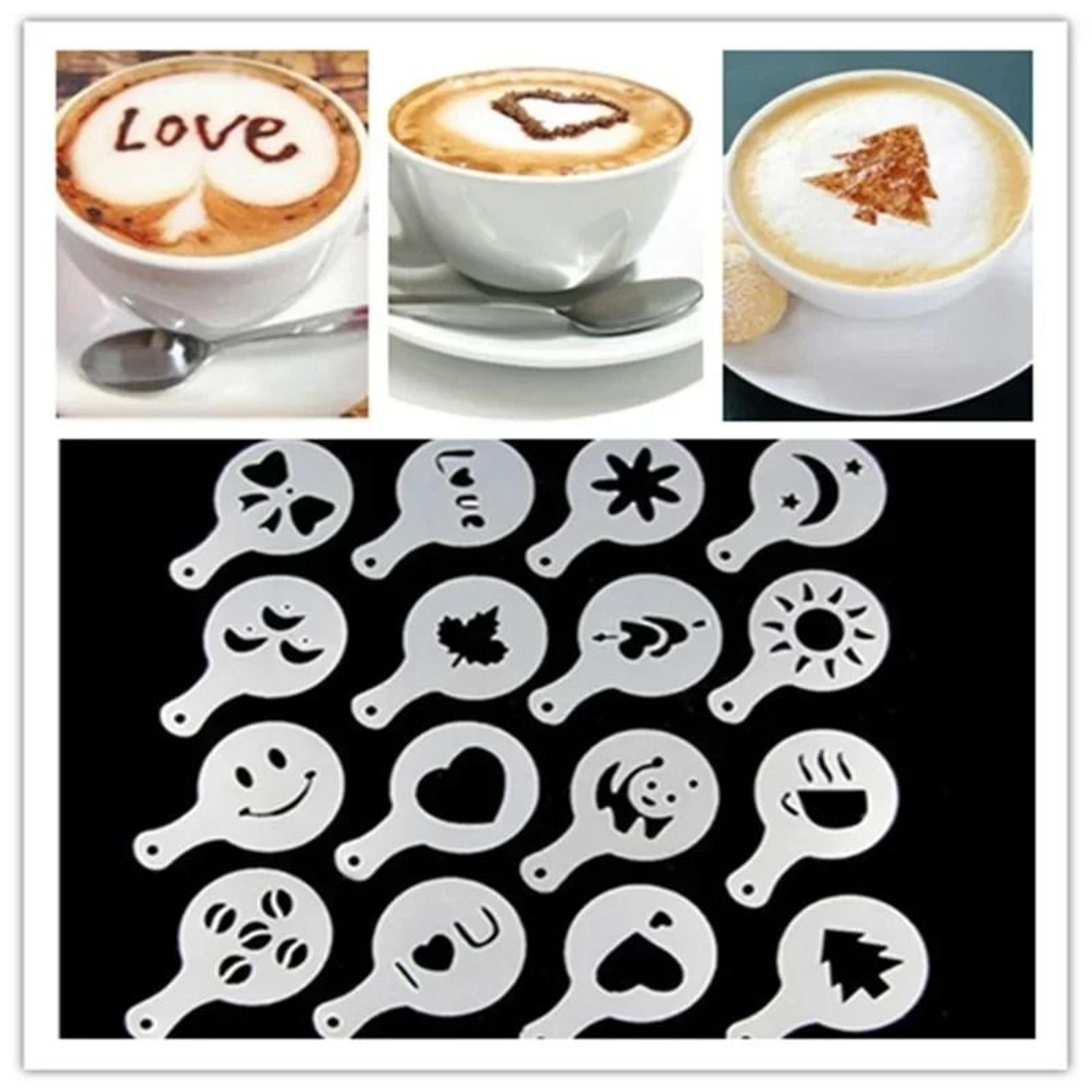 16-piece coffee art stencils set for barista latte, cappuccino & cake decoration