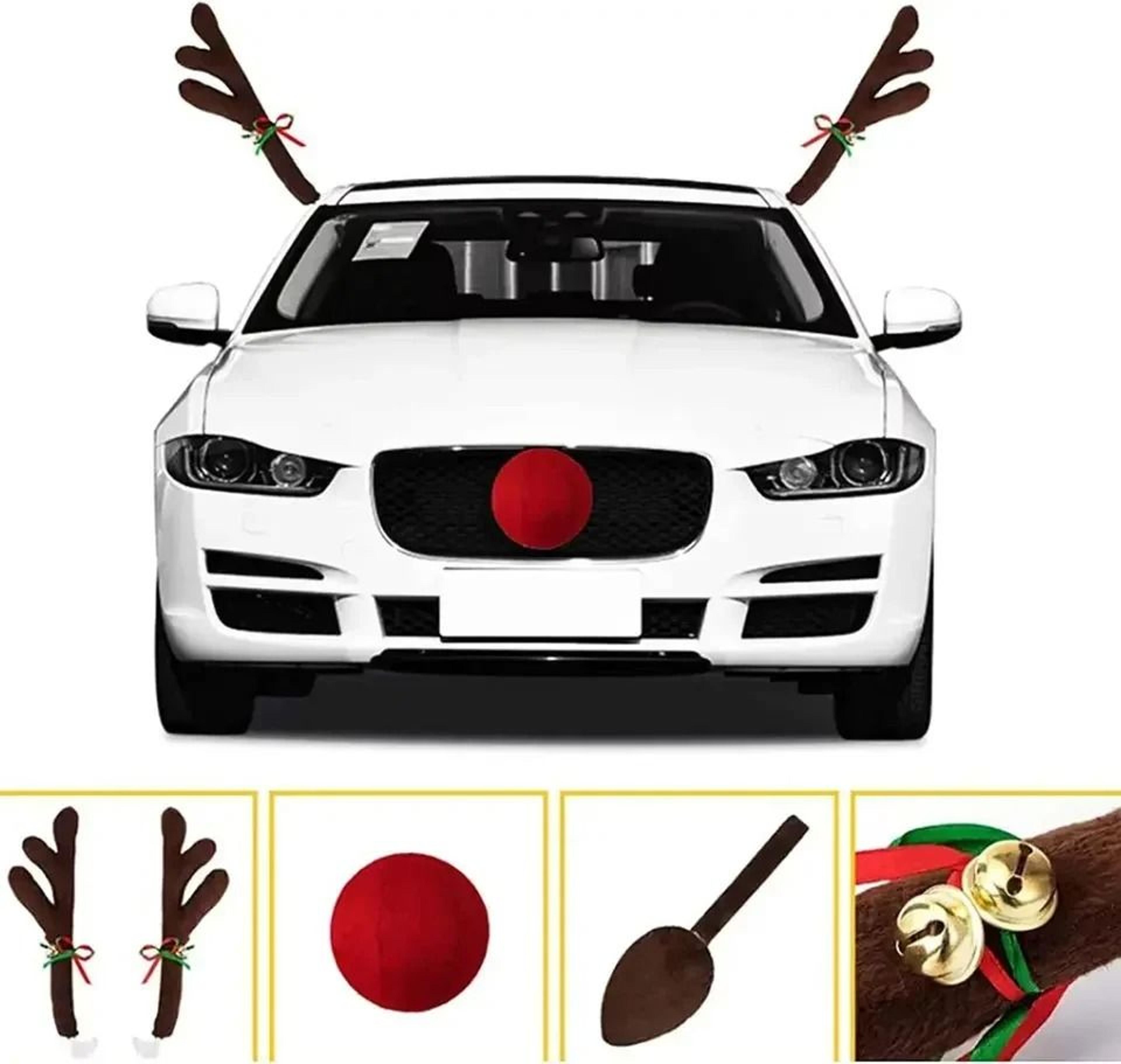 Christmas Car Decoration Kit  Deer Horn Antlers Red Nose  Tail Holiday Set 1
