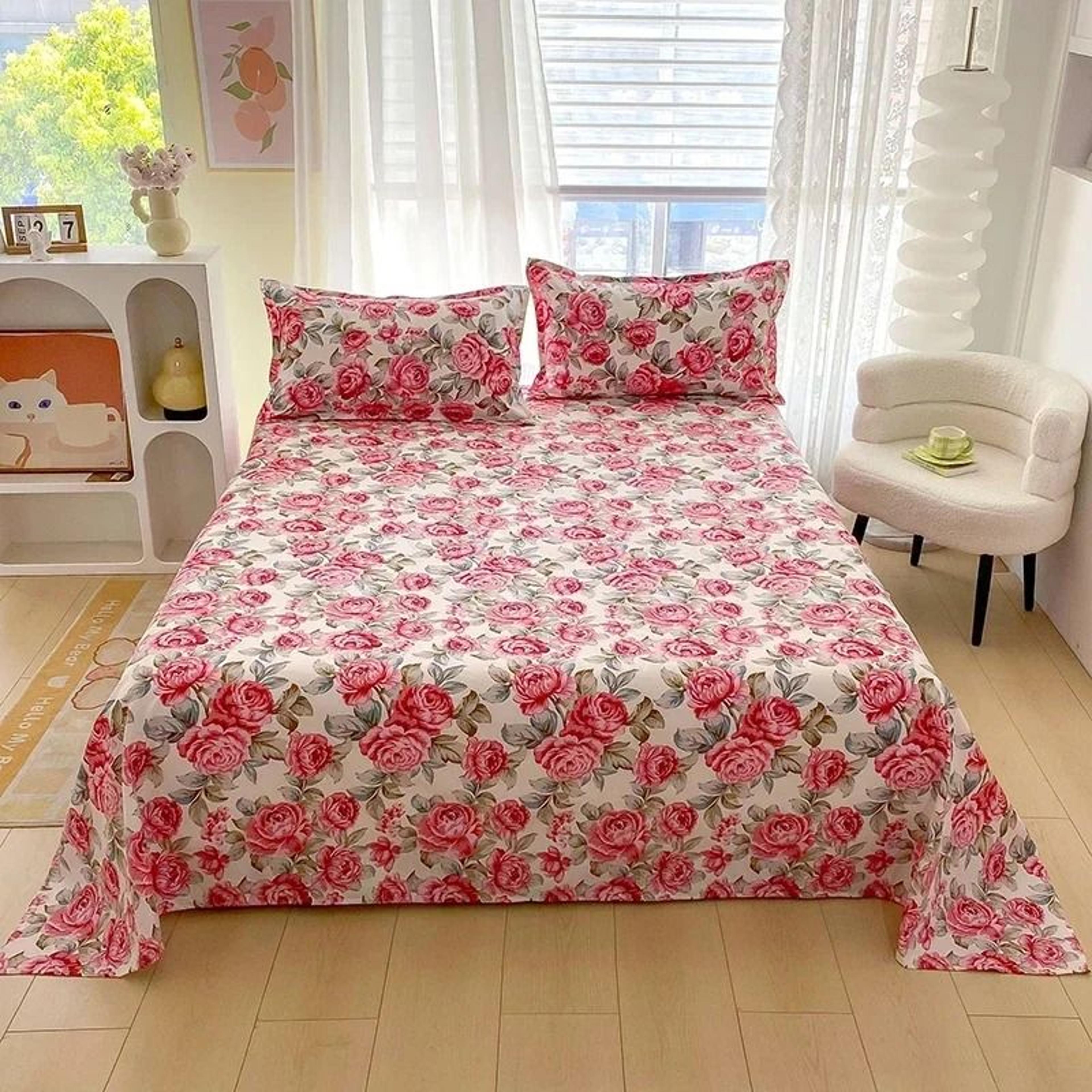 red flower printed flat bed sheet (reactive printed microfiber top sheet)