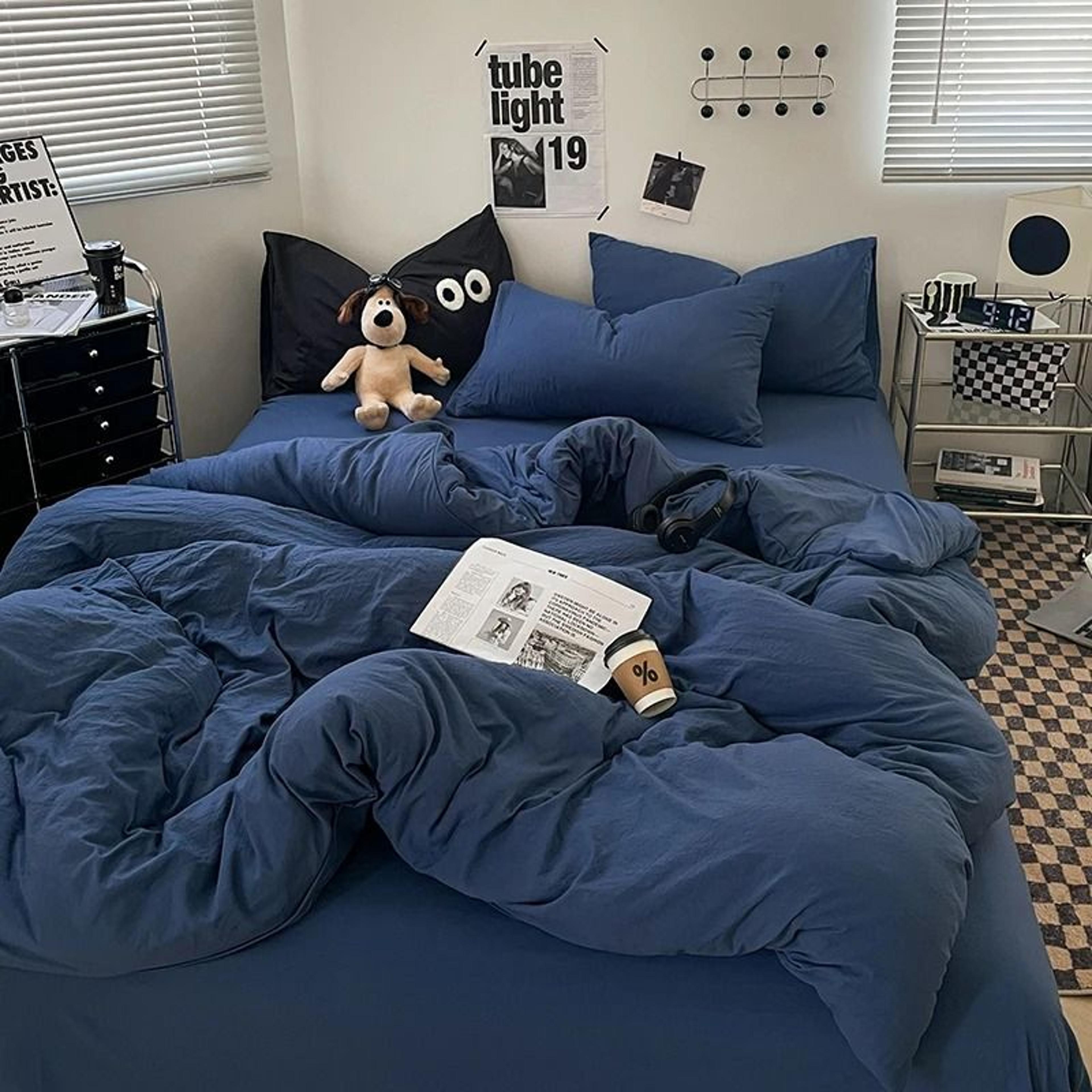 Solid Blue Washed Cotton Duvet Cover Soft Breathable Quilt Cover For Girls  Boys Bedrooms 4