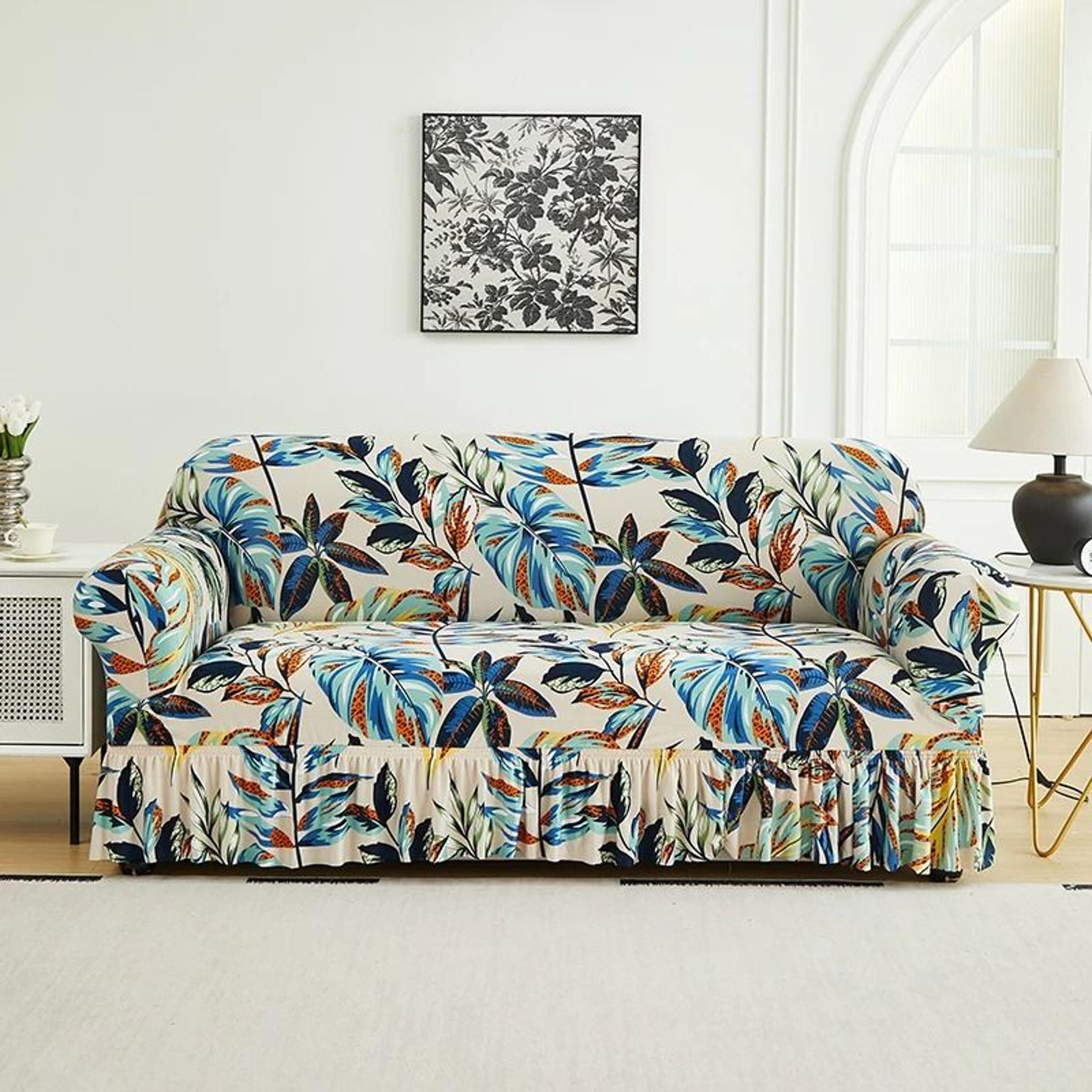 Printed Full Coverage Elastic Sofa Cover With Skirt Decorative Stretch Couch Slipcover 13