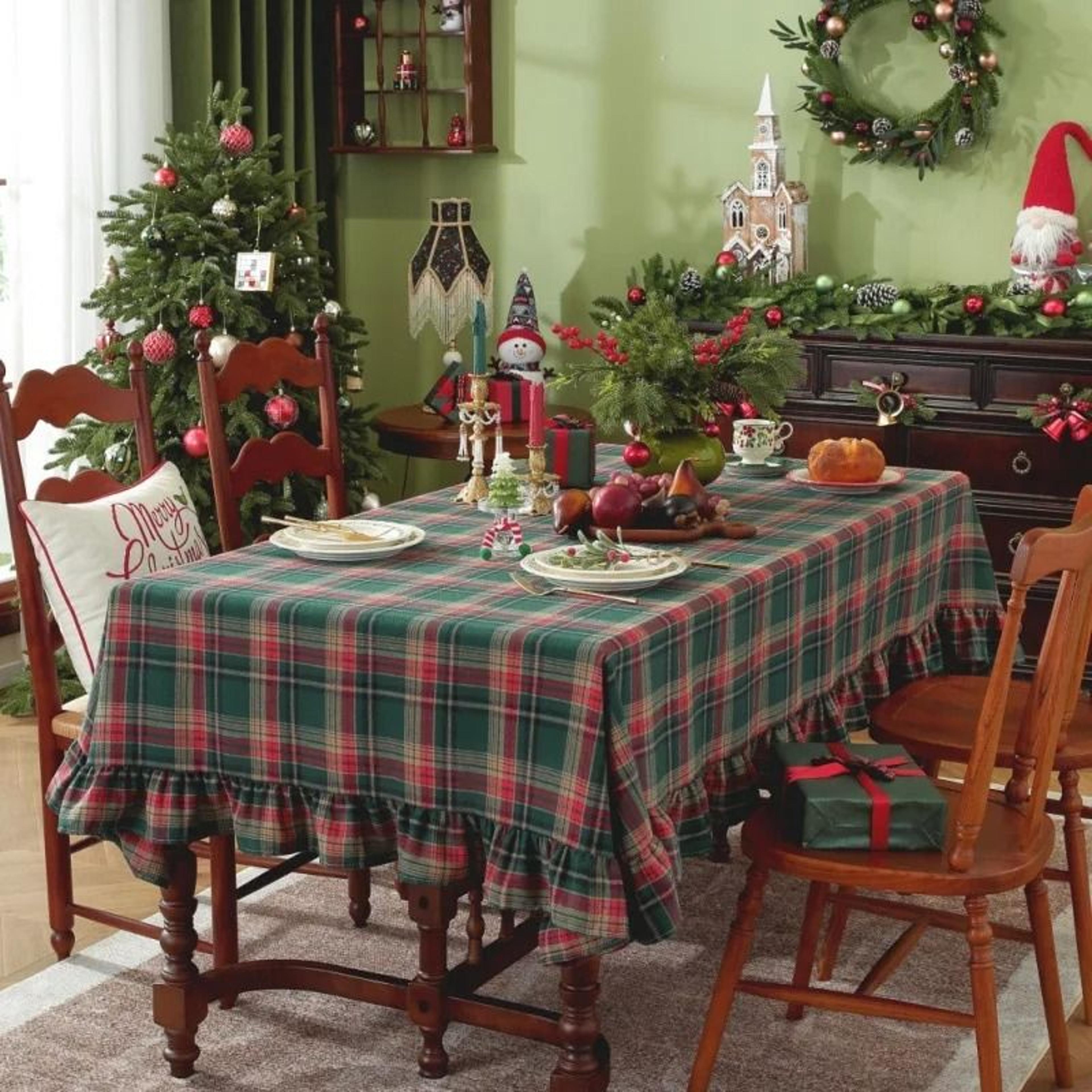 Christmas Green Plaid Ruffled Tablecloth Washable AntiStain Table Cover For Kitchen  Holiday Weddin 3