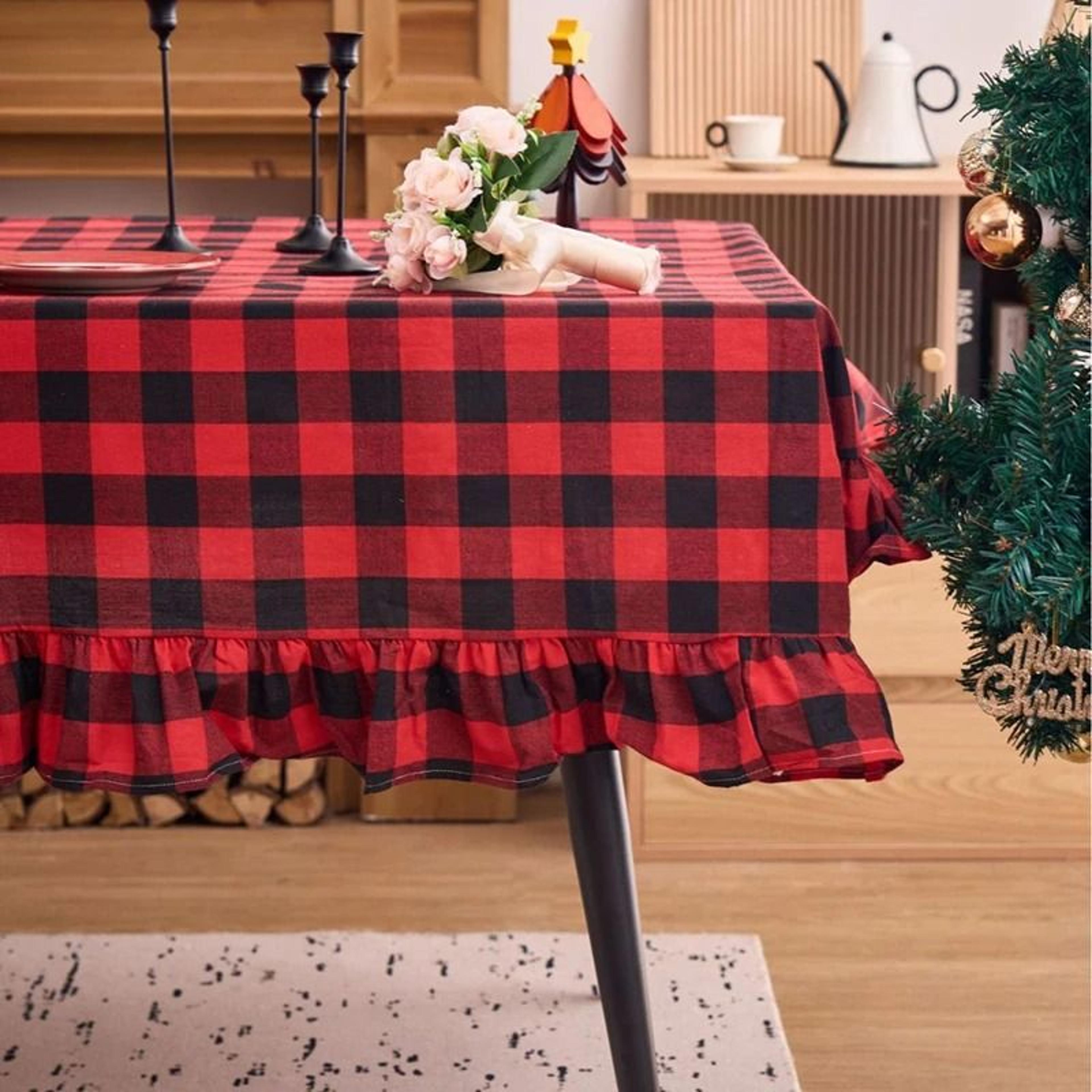 Christmas Green Plaid Ruffled Tablecloth Washable AntiStain Table Cover For Kitchen  Holiday Weddin 4