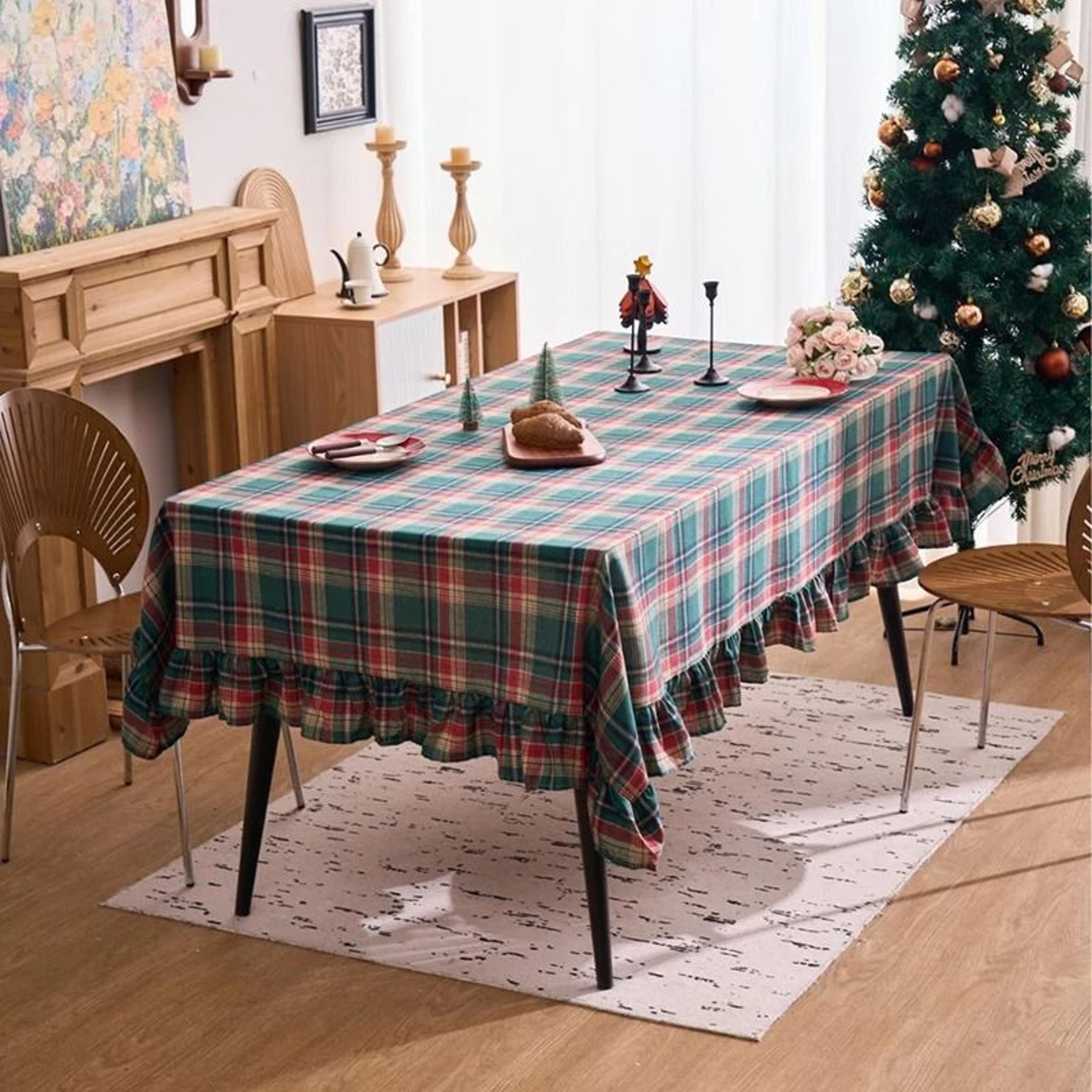 Christmas Green Plaid Ruffled Tablecloth Washable AntiStain Table Cover For Kitchen  Holiday Weddin 1