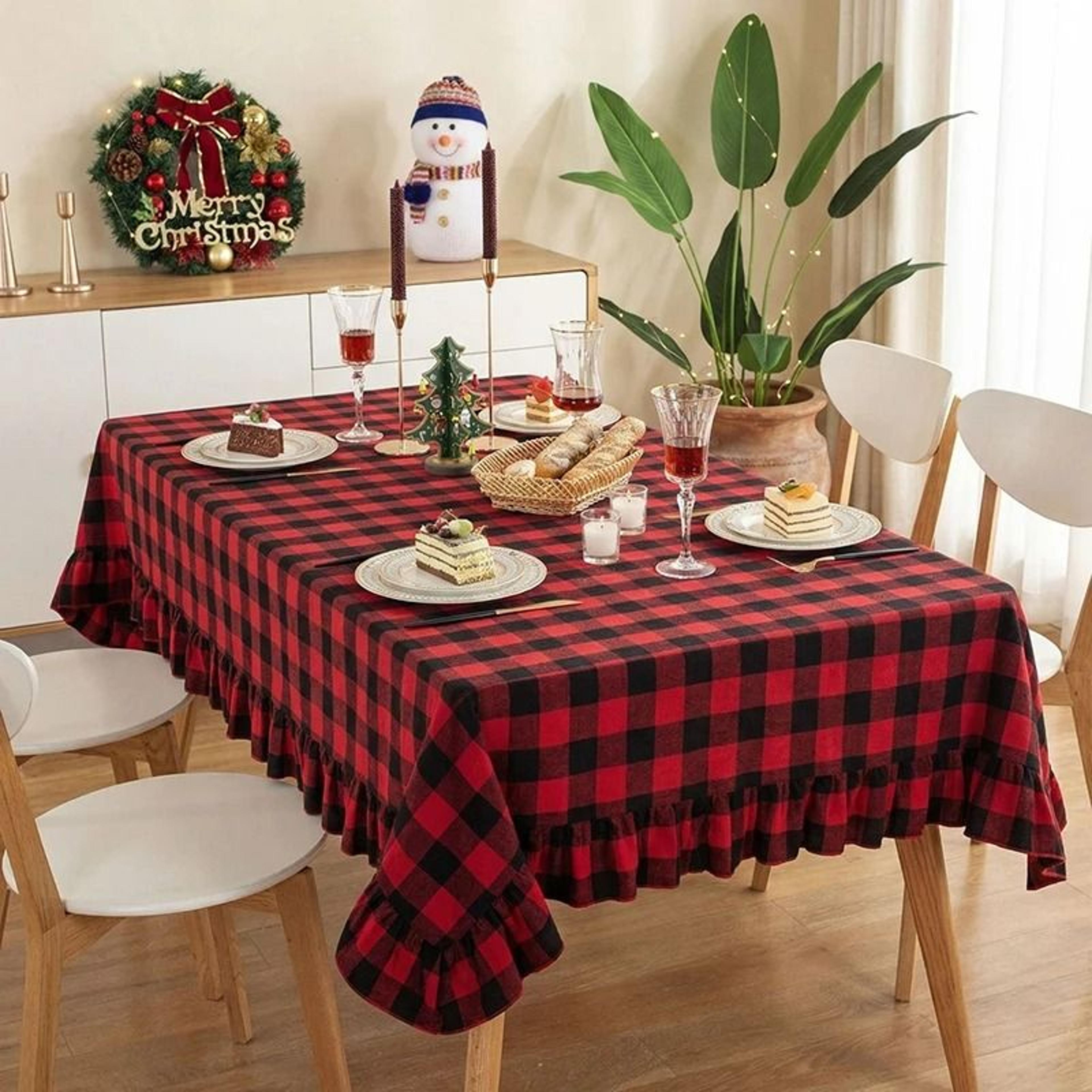 Christmas Green Plaid Ruffled Tablecloth Washable AntiStain Table Cover For Kitchen  Holiday Weddin 9