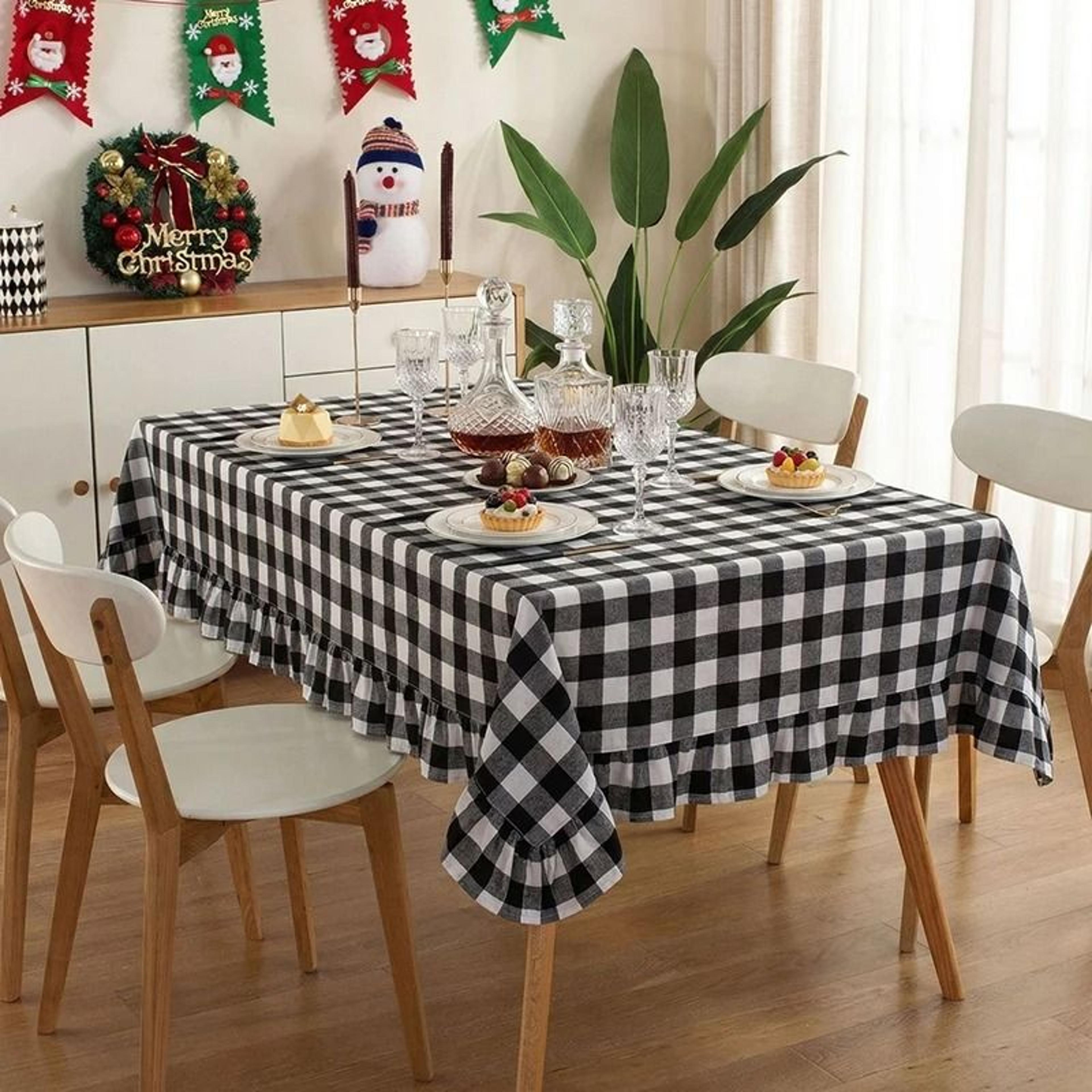 Christmas Green Plaid Ruffled Tablecloth Washable AntiStain Table Cover For Kitchen  Holiday Weddin 8