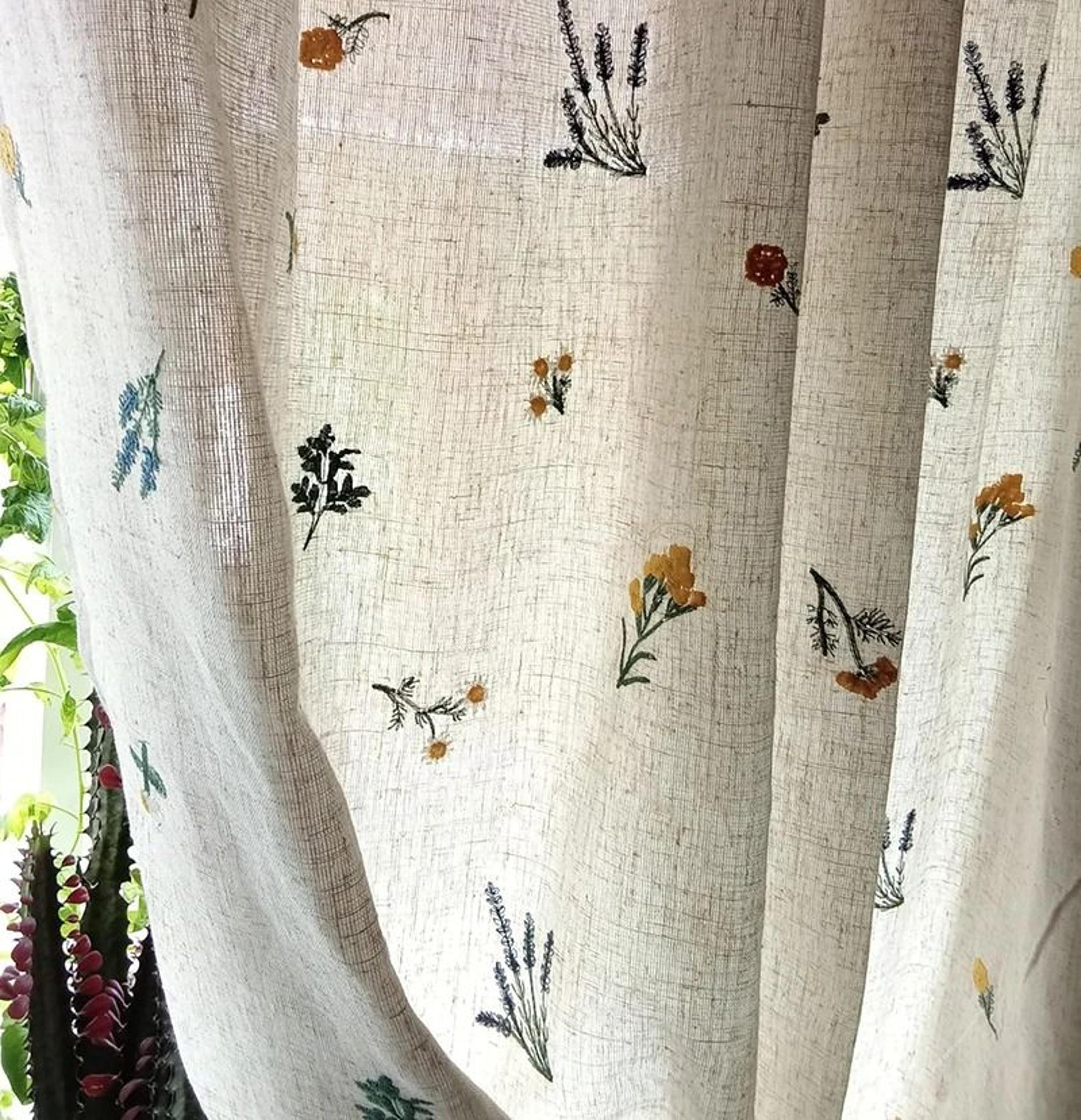 cotton linen boho daisy embroidered curtains (farmhouse beige floral light filtering window drapes)