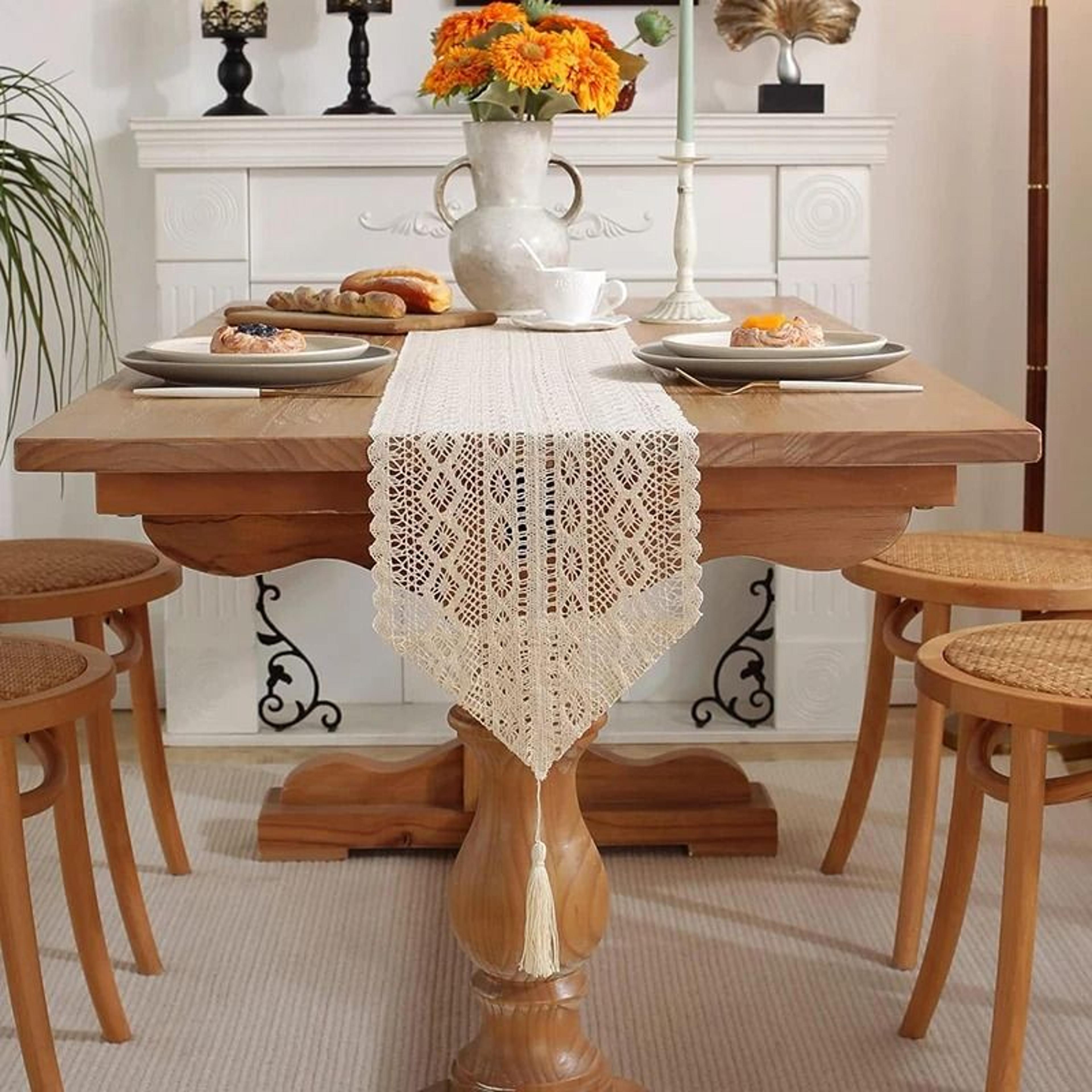 crochet lace boho cotton table runner with tassels (vintage farmhouse woven decor for weddings & parties)