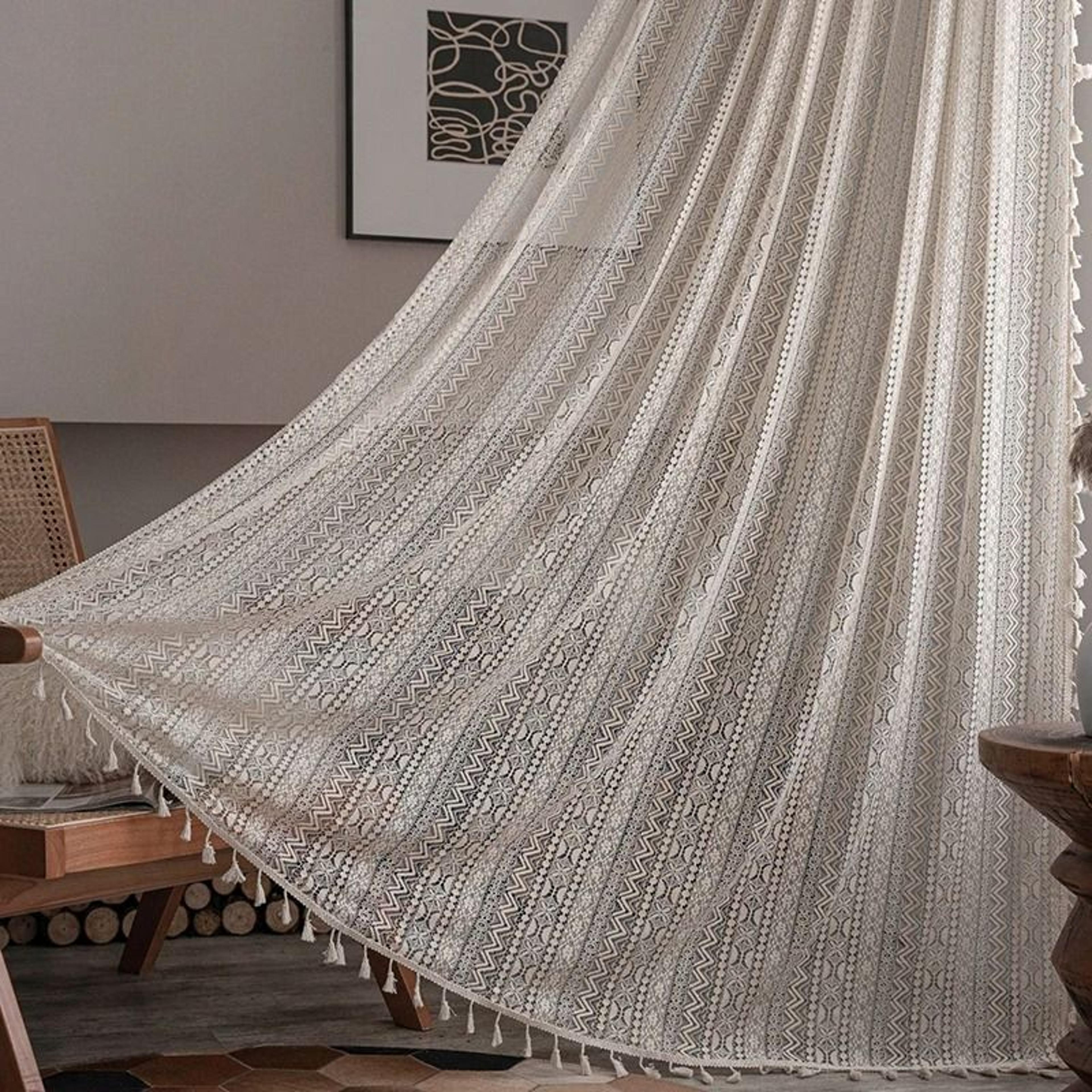 Boho Crochet Lace SemiSheer Window Curtain Panel Hollow Knitted Drapery With Tassels For Living Roo 1