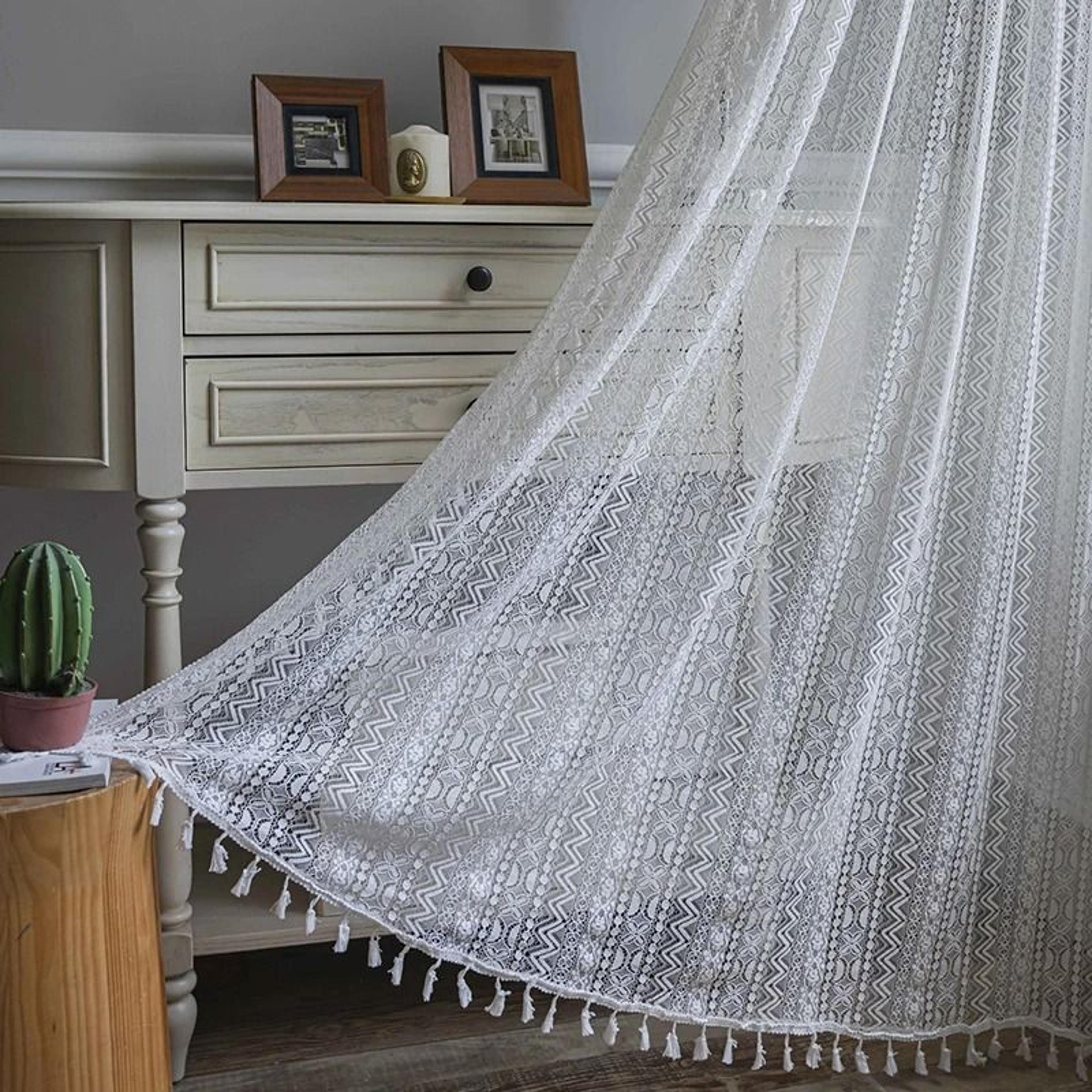 Boho Crochet Lace SemiSheer Window Curtain Panel Hollow Knitted Drapery With Tassels For Living Roo 6