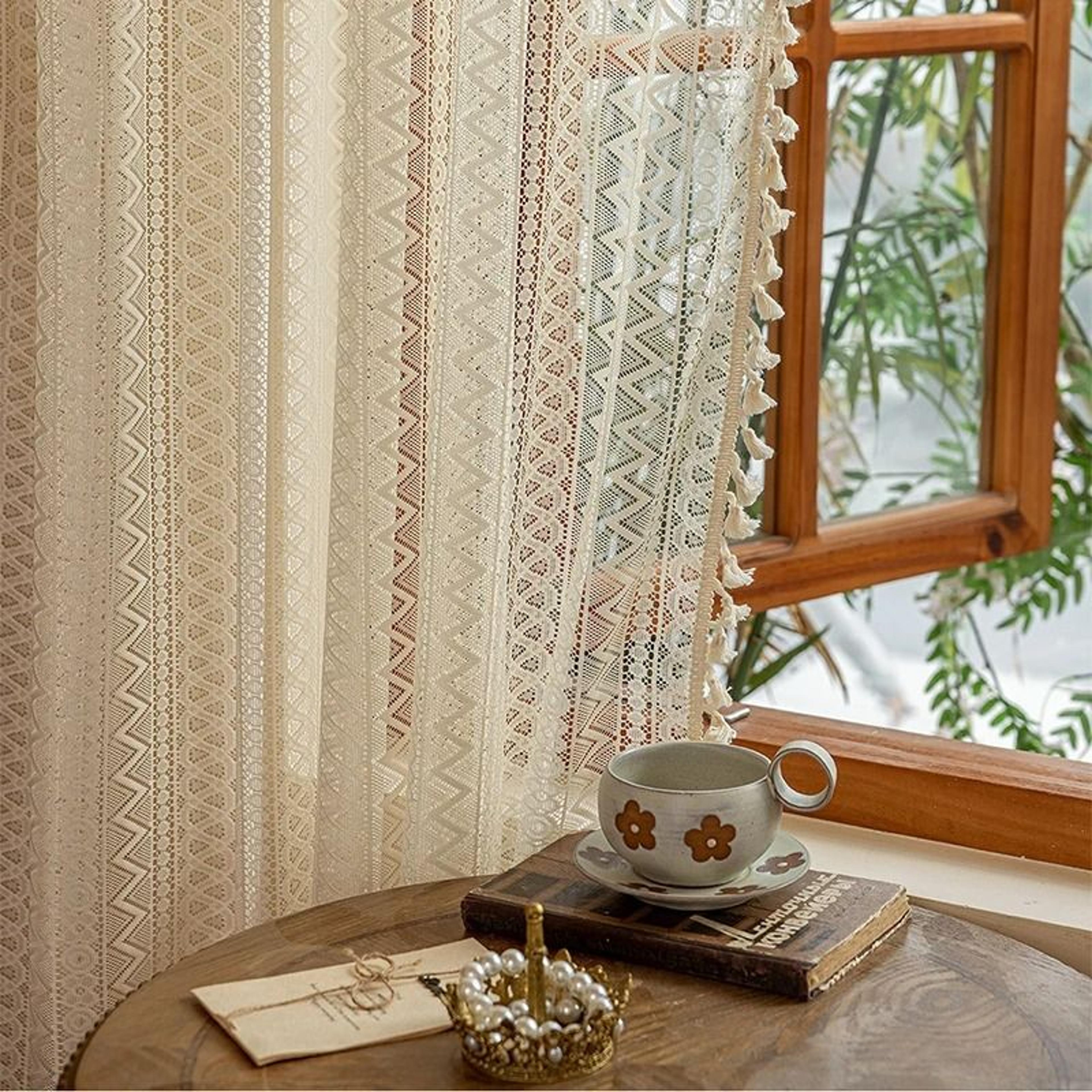 Boho Crochet Lace SemiSheer Window Curtain Panel Hollow Knitted Drapery With Tassels For Living Roo 4
