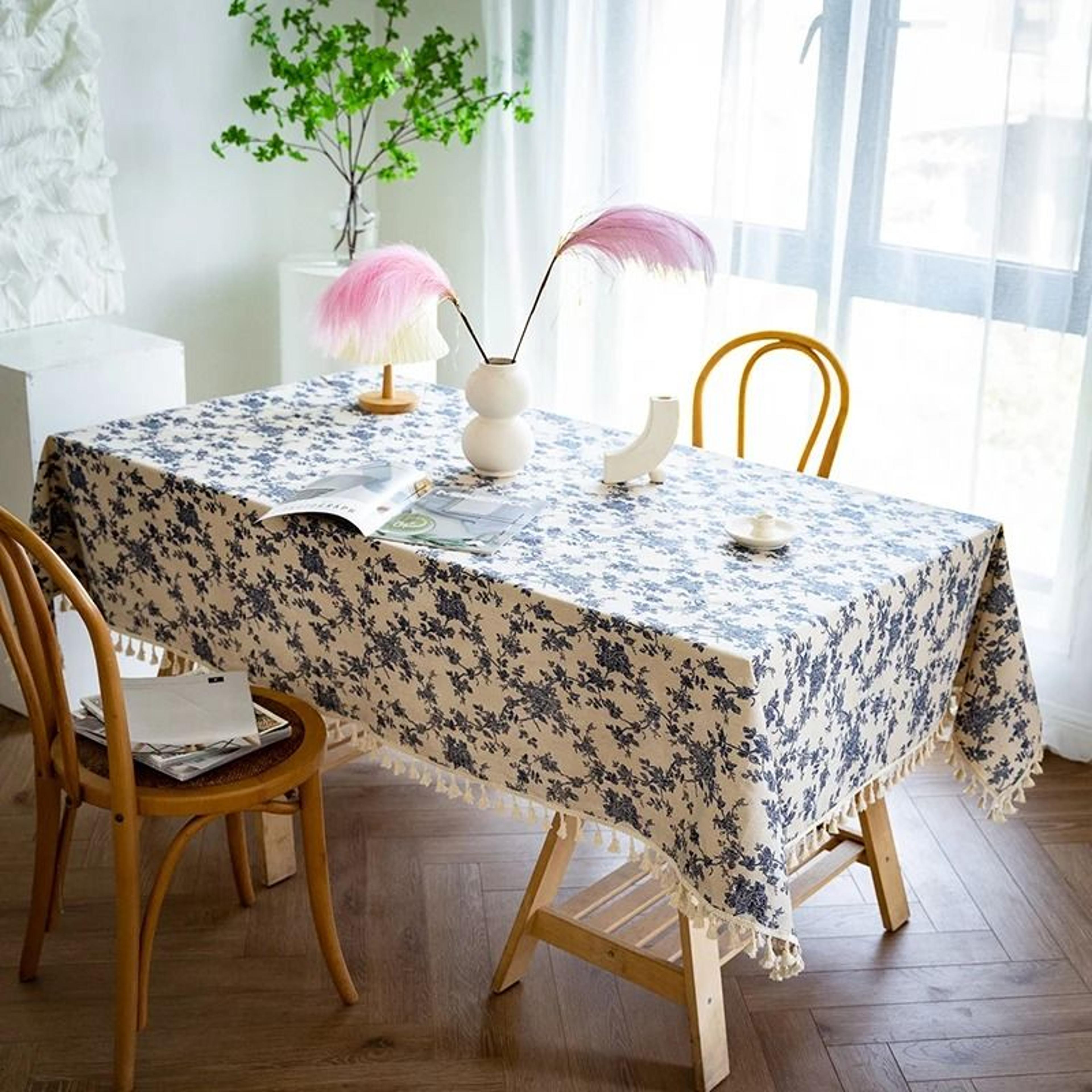 Blue Bohemian Floral Tassel Tablecloth DustProof Rectangle Fabric Cover For Kitchen  Holiday Party 2