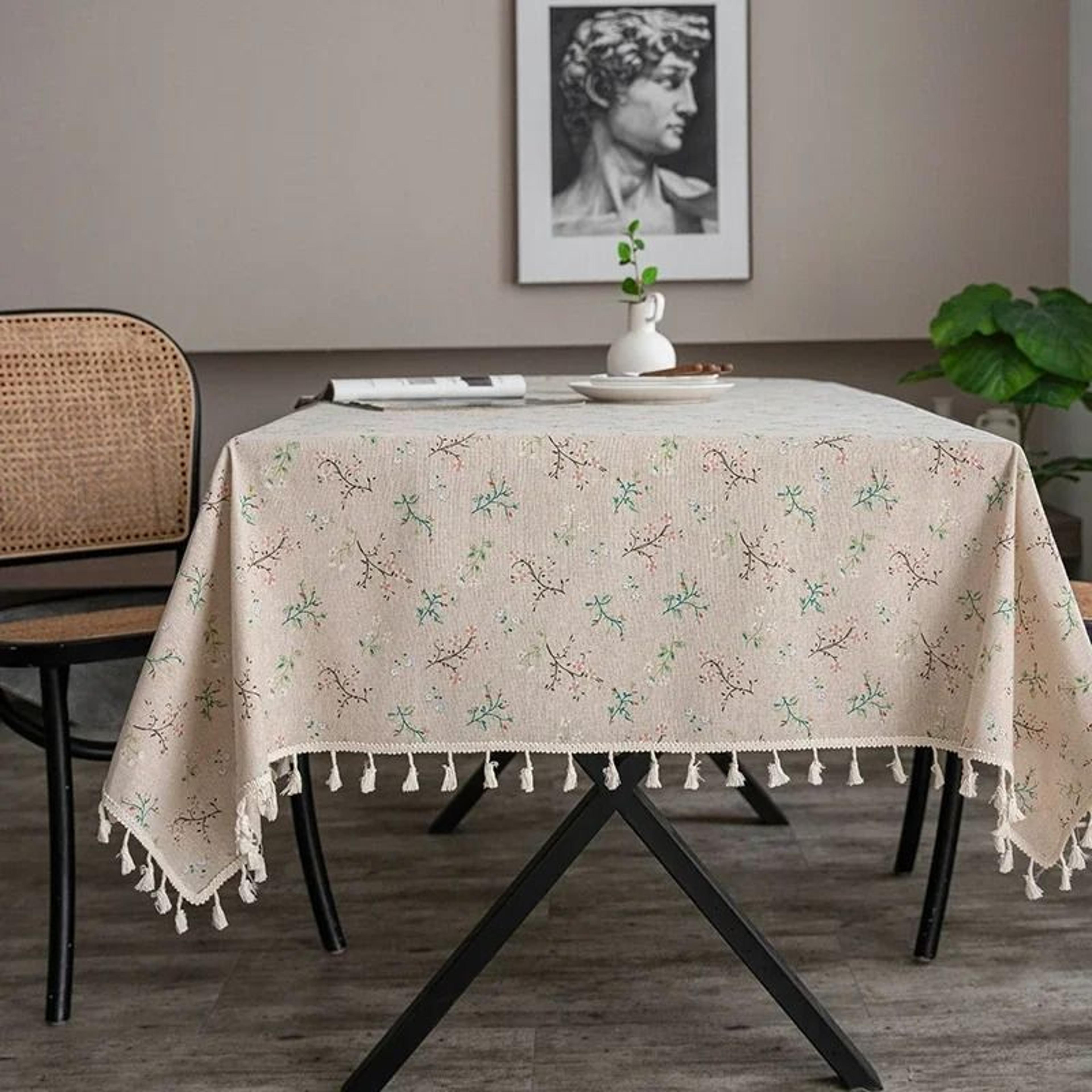 Blue Bohemian Floral Tassel Tablecloth DustProof Rectangle Fabric Cover For Kitchen  Holiday Party 16