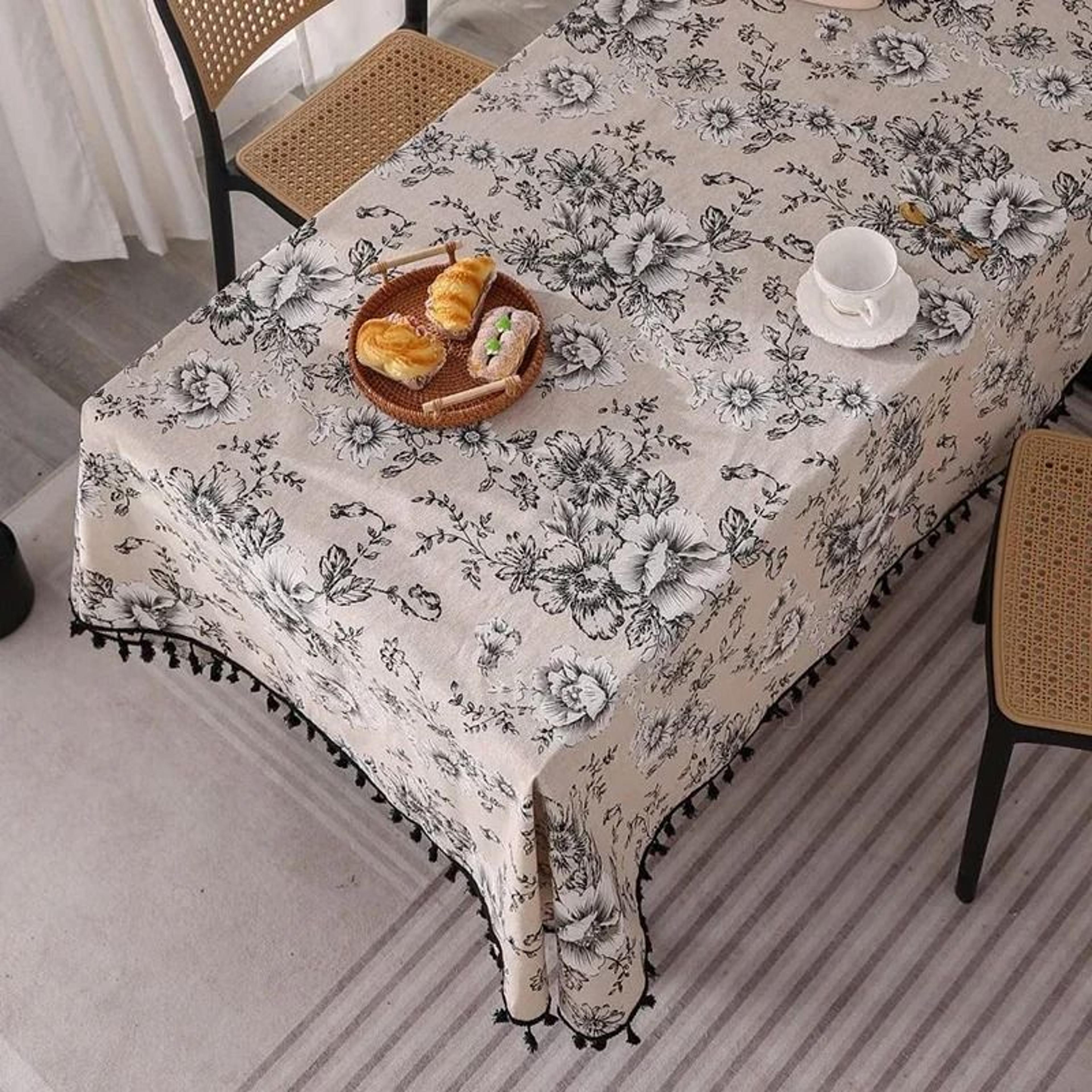 Blue Bohemian Floral Tassel Tablecloth DustProof Rectangle Fabric Cover For Kitchen  Holiday Party 17