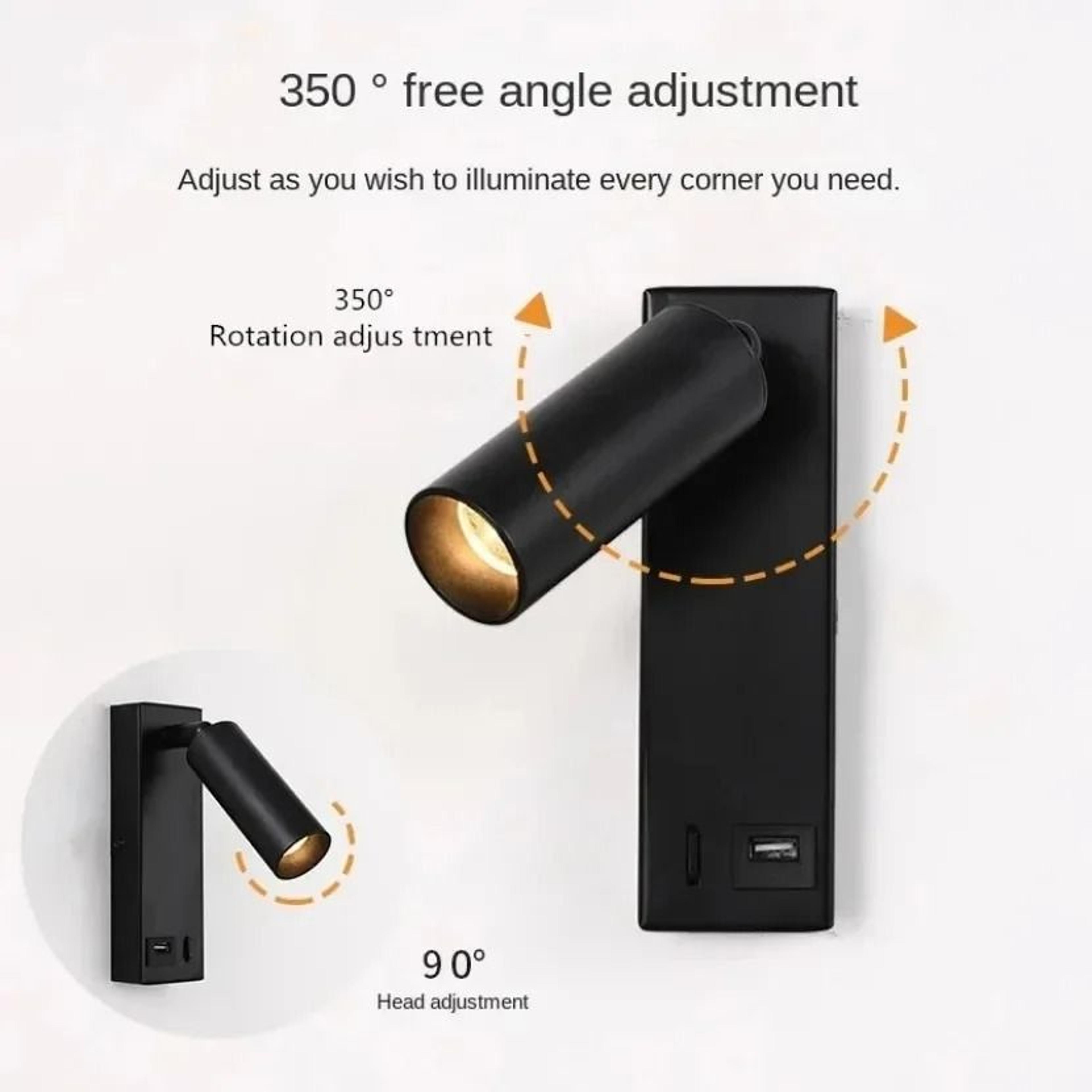 LED Bedside Wall Mounted Reading Light With USB Charging Port And Rotatable Spotlight 5