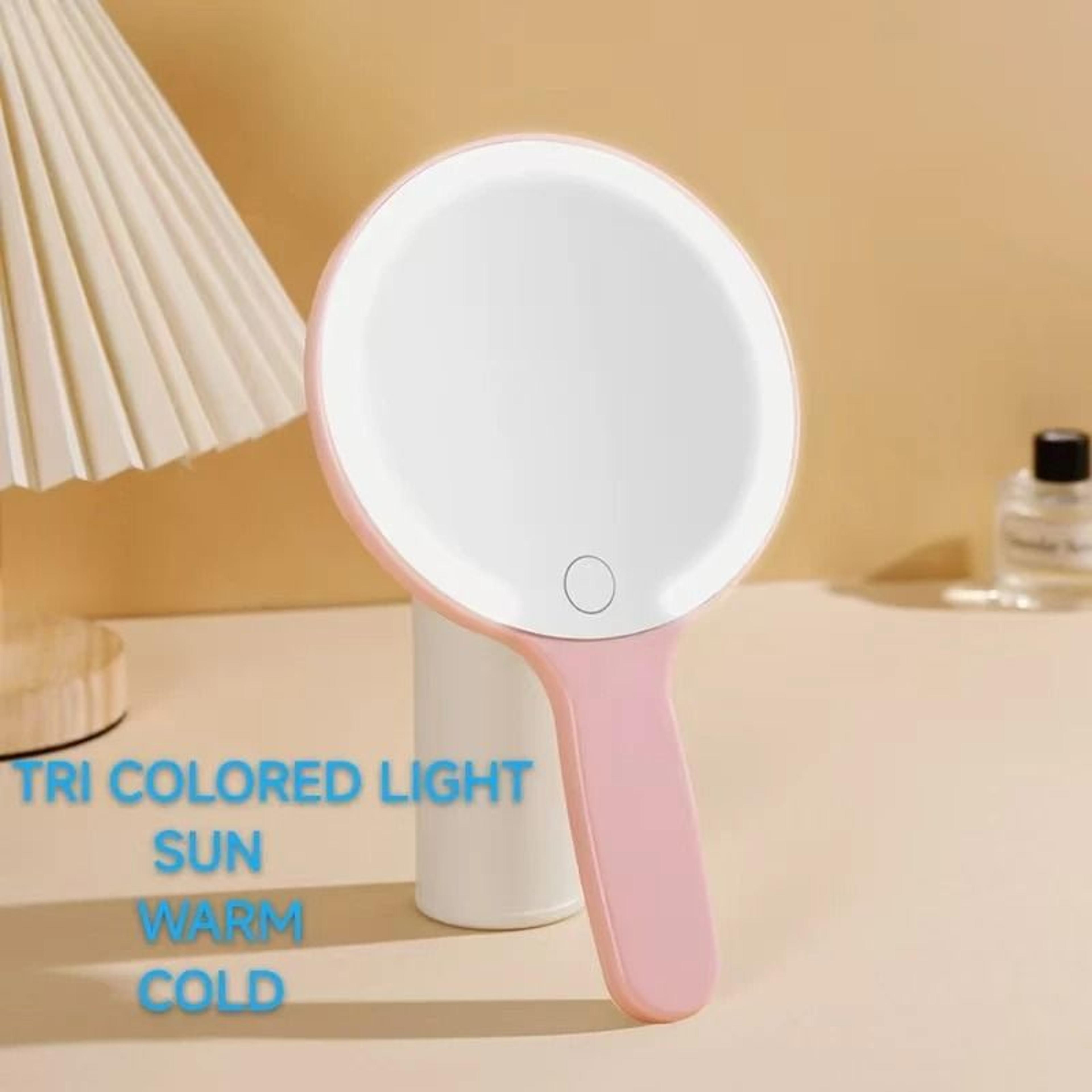 Compact LED Handheld Makeup Mirror With 3 Color Dimmable Lights 3