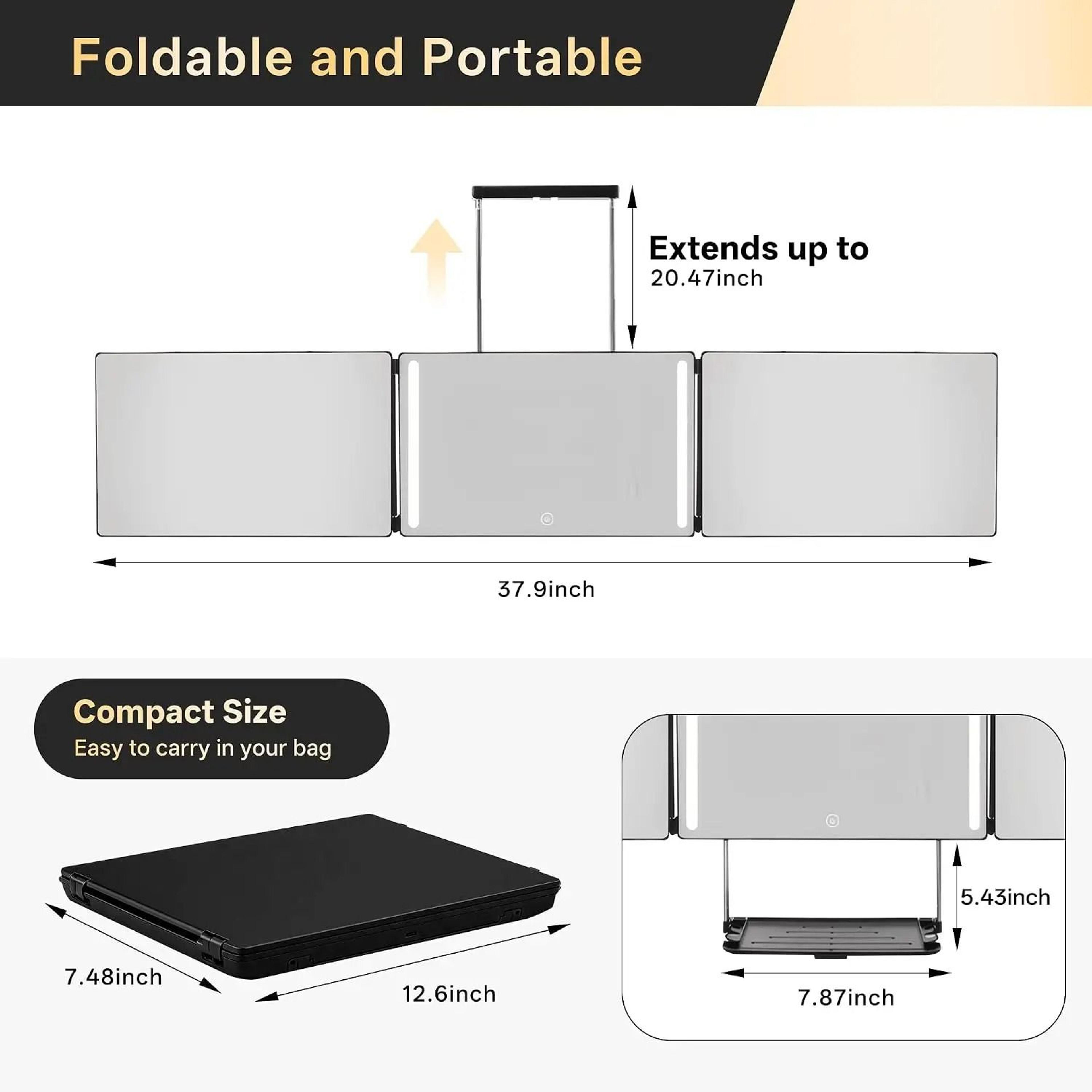 Folding 3Way Rechargeable LED Haircut Mirror With BuiltIn Shelf  Telescoping Door Hooks 4