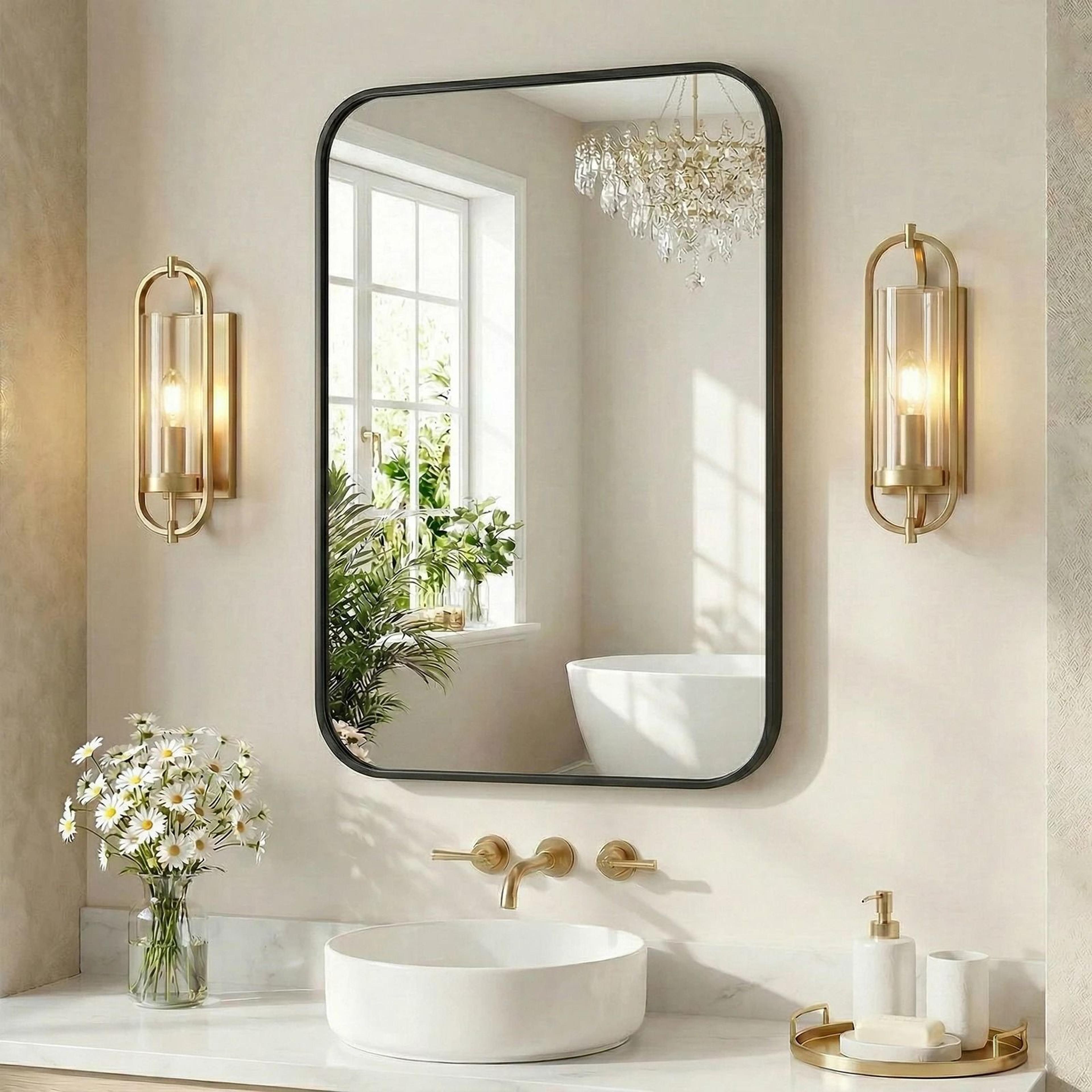 JHK Rounded Rectangle Metal Framed Wall Mirror With Tempered Glass 1
