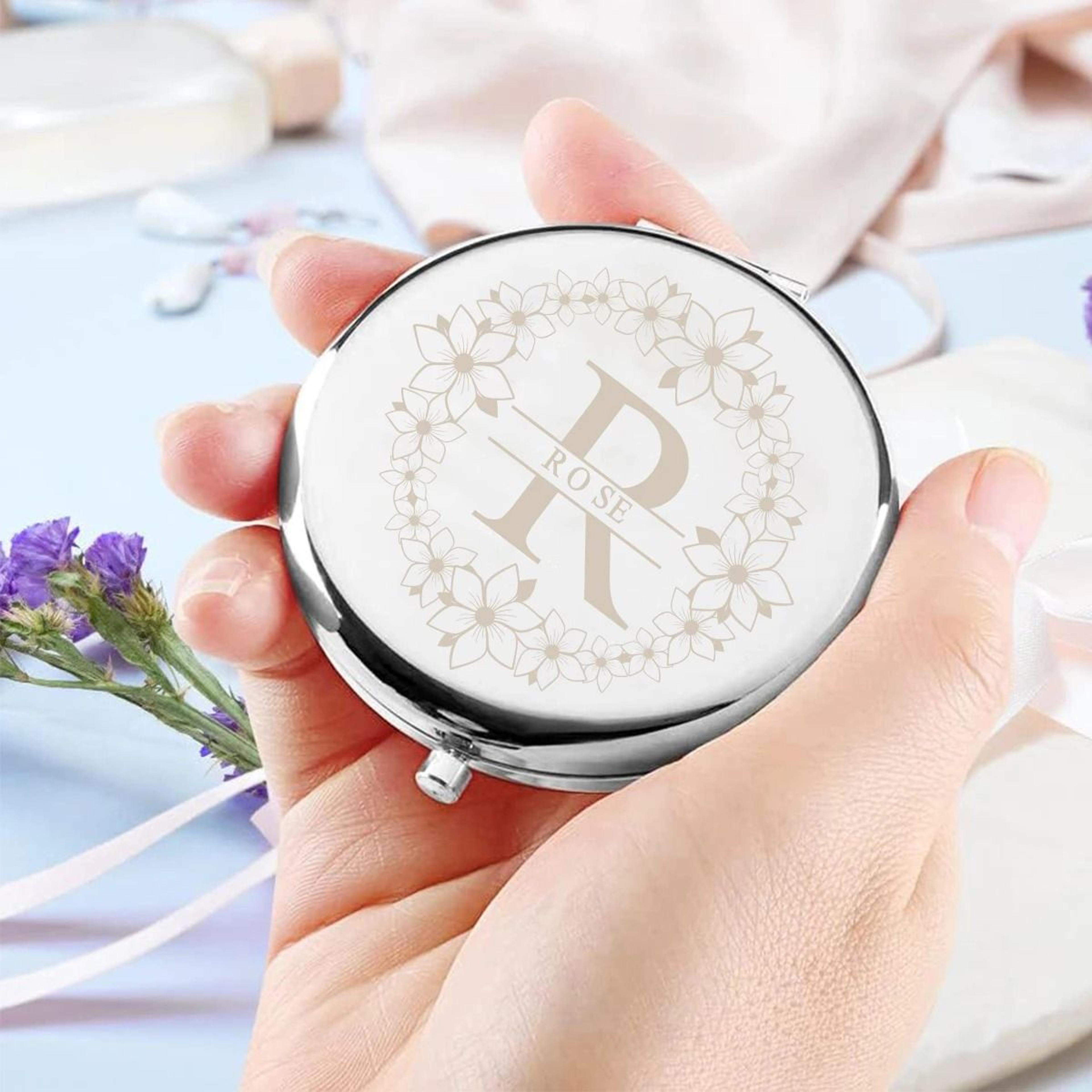 Personalized Floral Wreath Initial Portable Compact Mirror With Custom Name Engraving 2