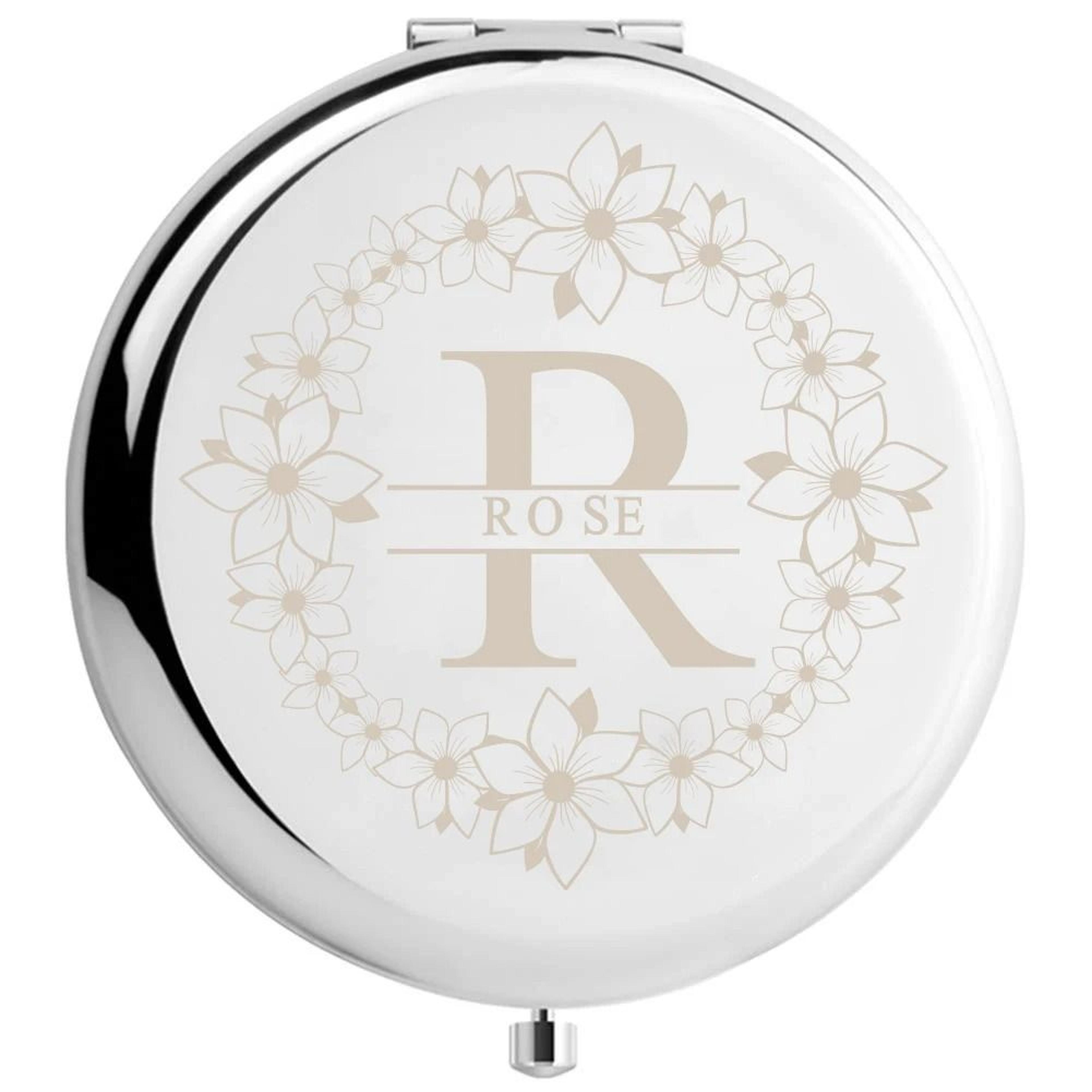 Personalized Floral Wreath Initial Portable Compact Mirror With Custom Name Engraving 8