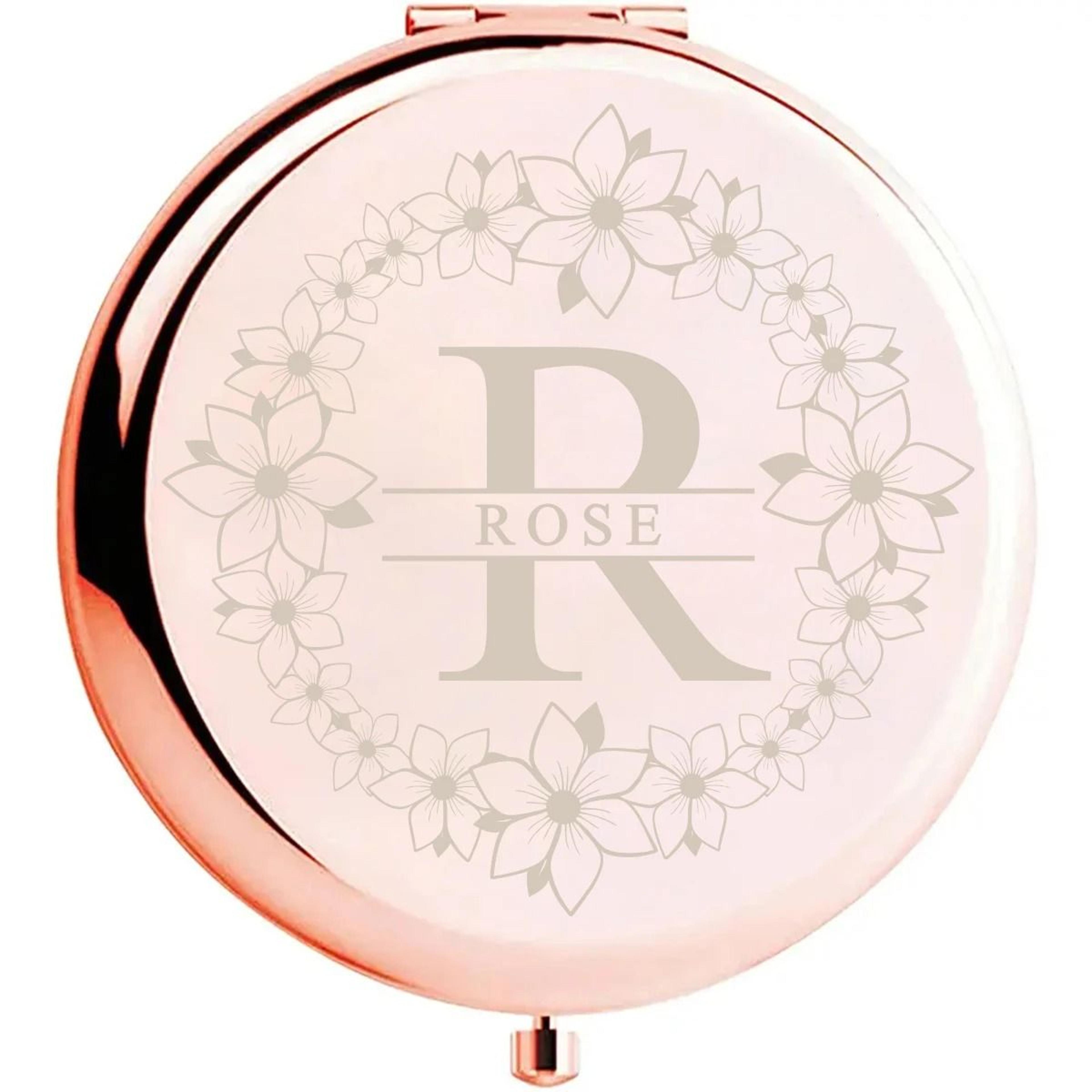 Personalized Floral Wreath Initial Portable Compact Mirror With Custom Name Engraving 9