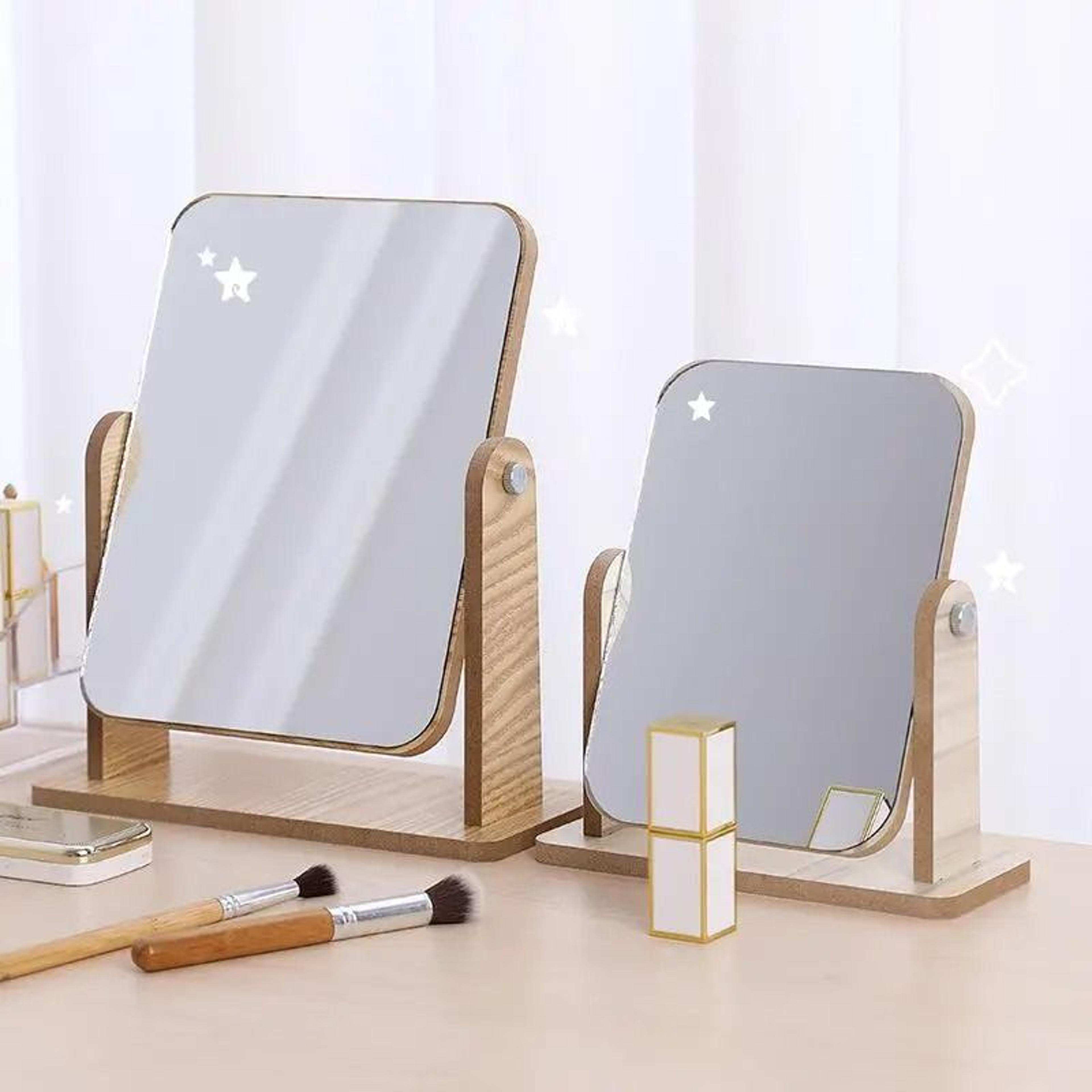 1Pc Clear Wooden Desktop Vanity Mirror With Angle Adjustable Stand 3