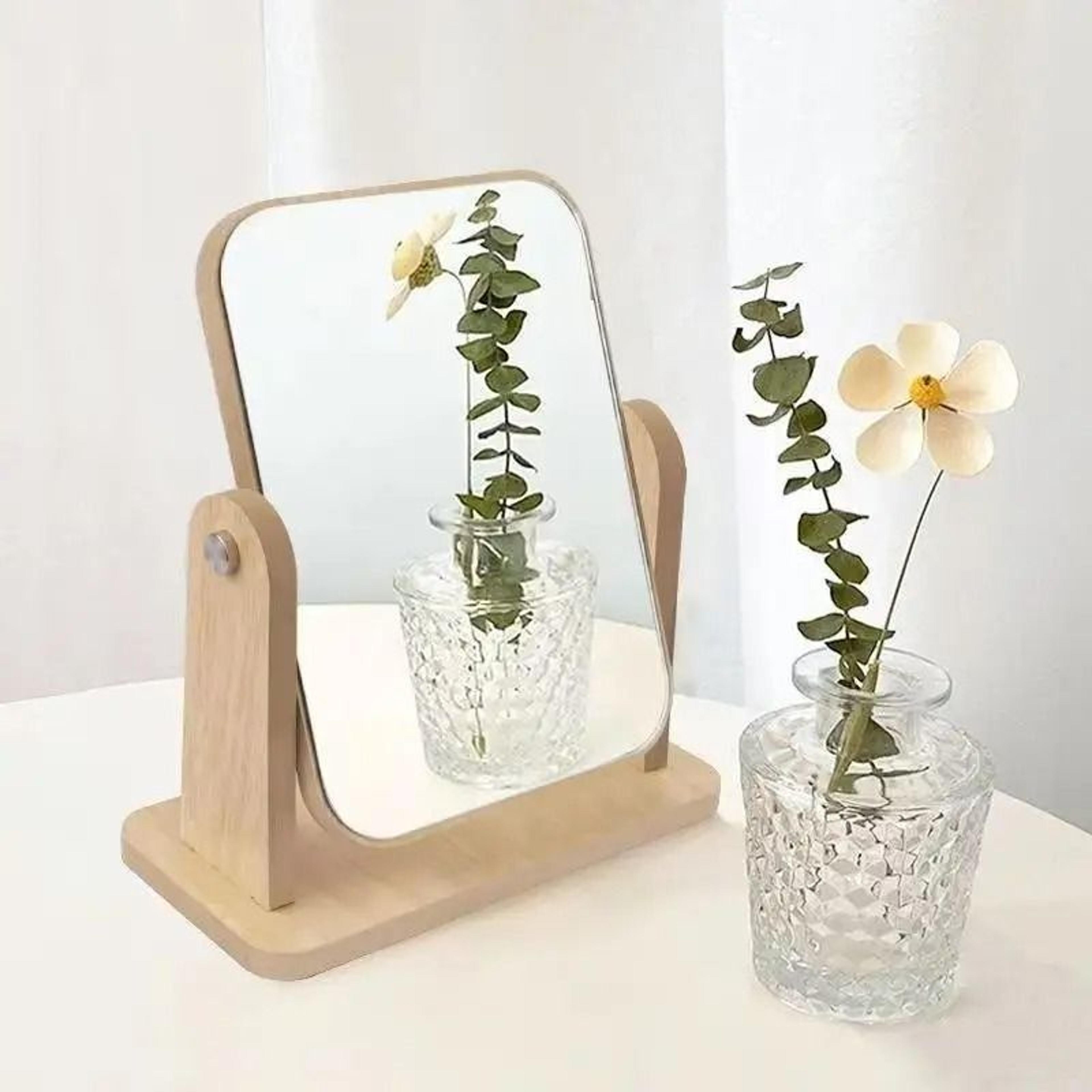 1Pc Clear Wooden Desktop Vanity Mirror With Angle Adjustable Stand 1