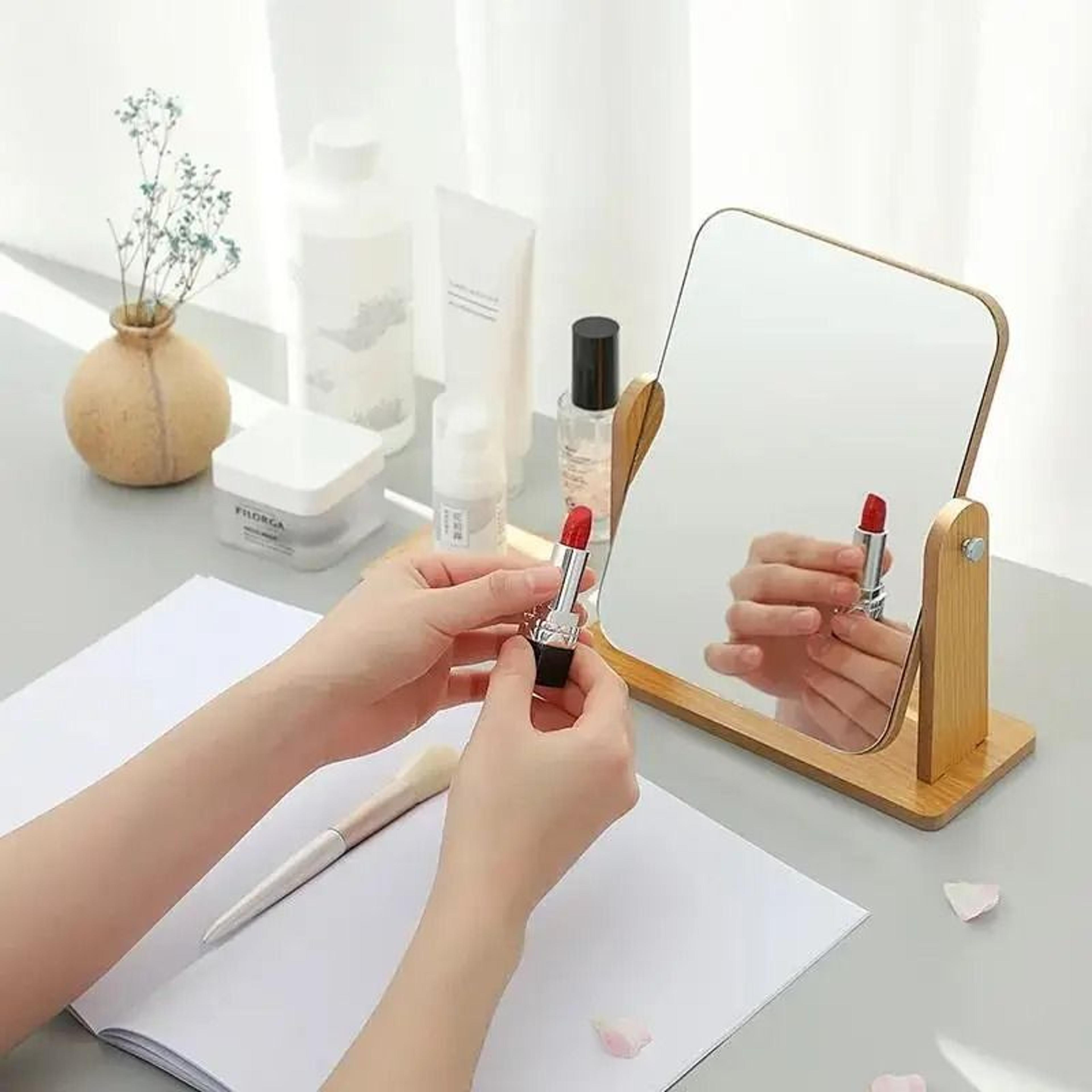 1Pc Clear Wooden Desktop Vanity Mirror With Angle Adjustable Stand 4