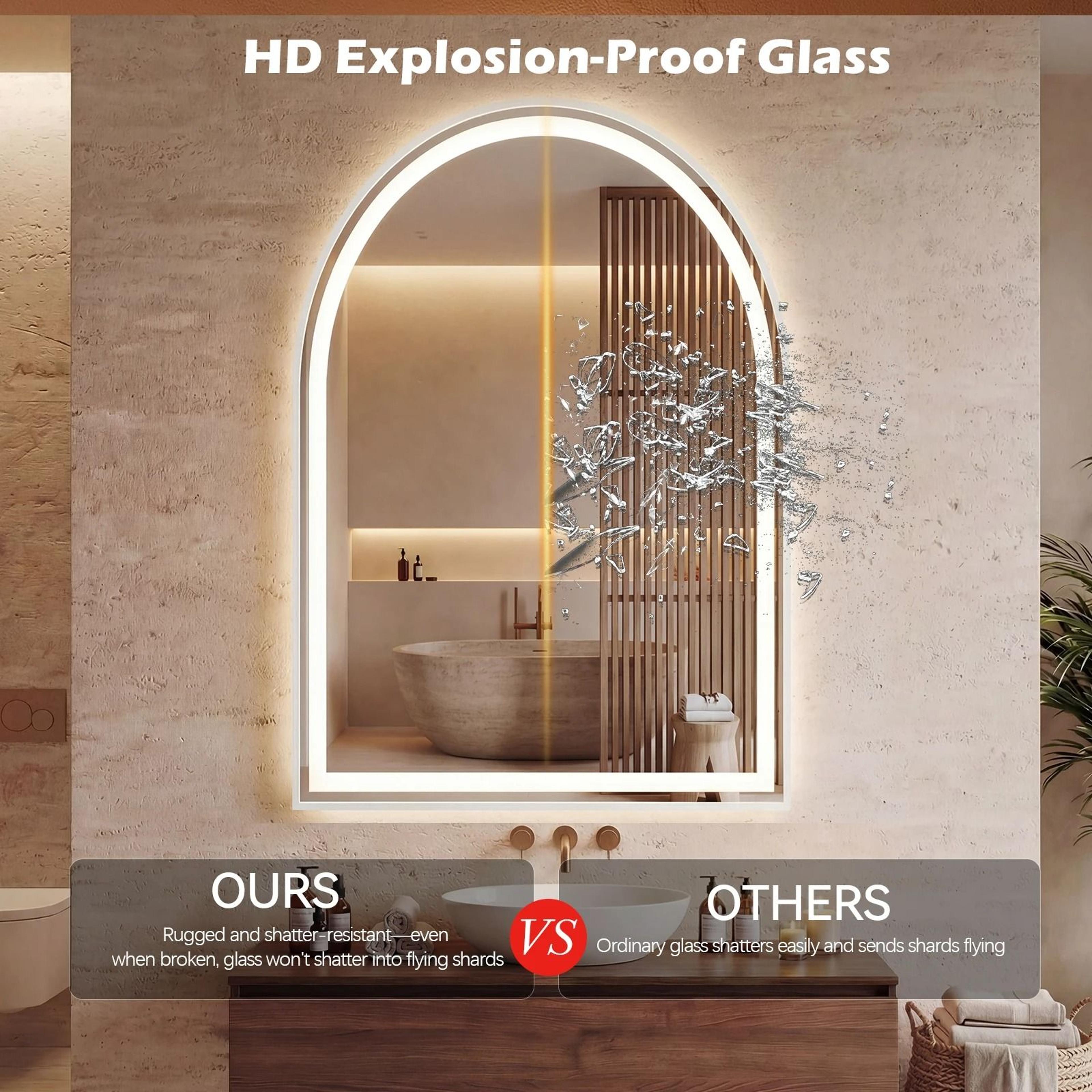 Arched LED Backlit Vanity Wall Mirror With 3Color Touch Memory  Tempered Glass 1