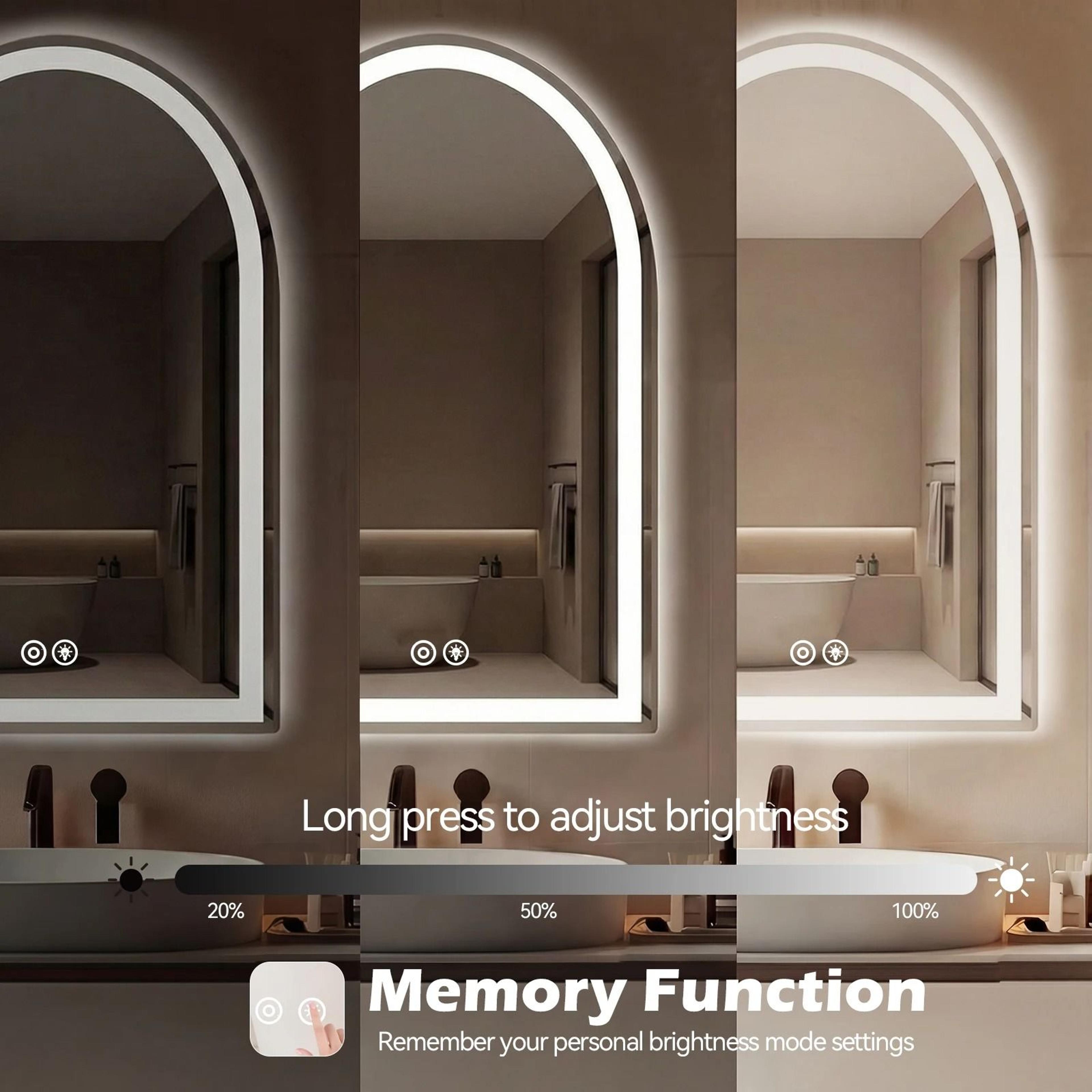 Arched LED Backlit Vanity Wall Mirror With 3Color Touch Memory  Tempered Glass 4