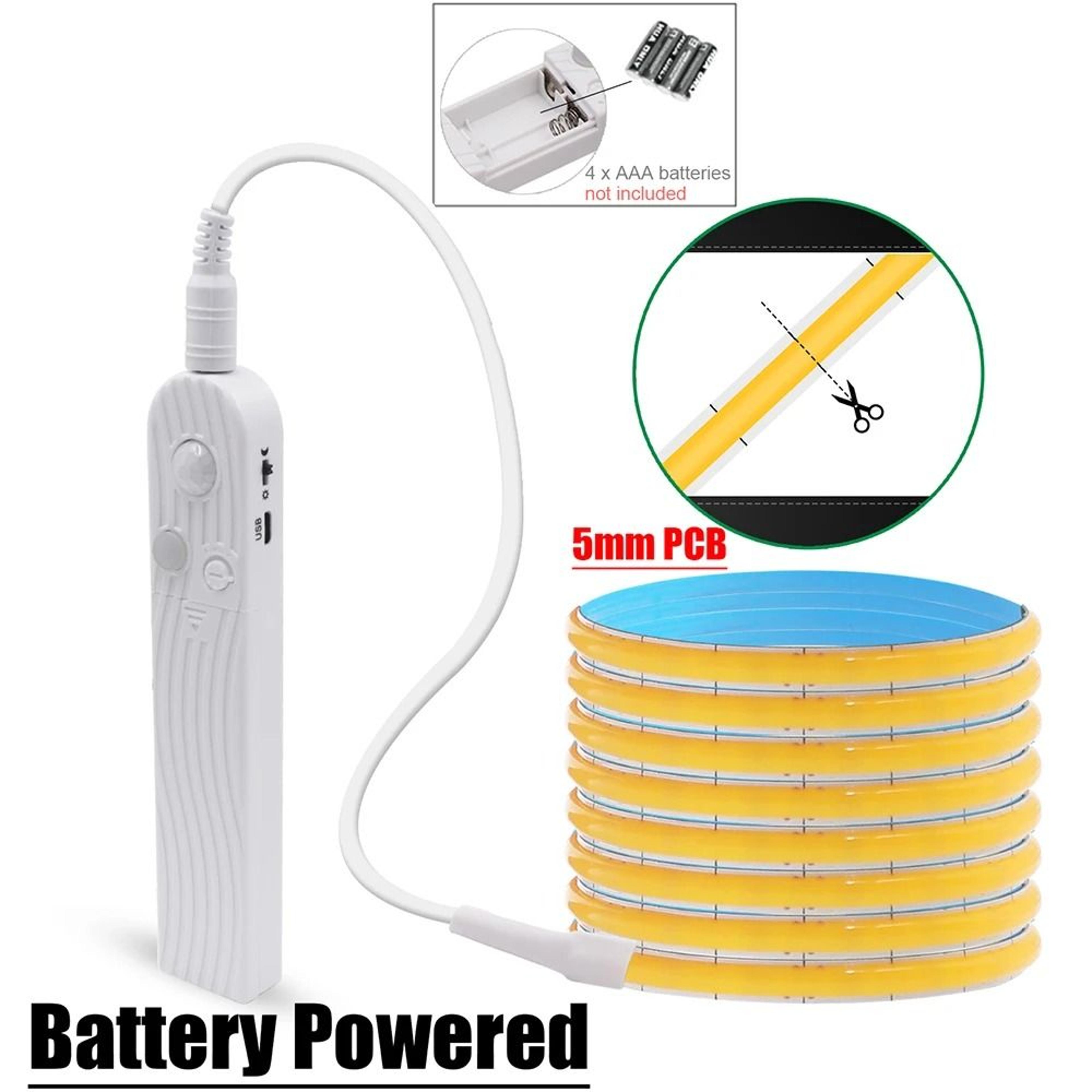 5V Flexible COB LED Motion Sensor Light Strip USB  Battery Powered 10