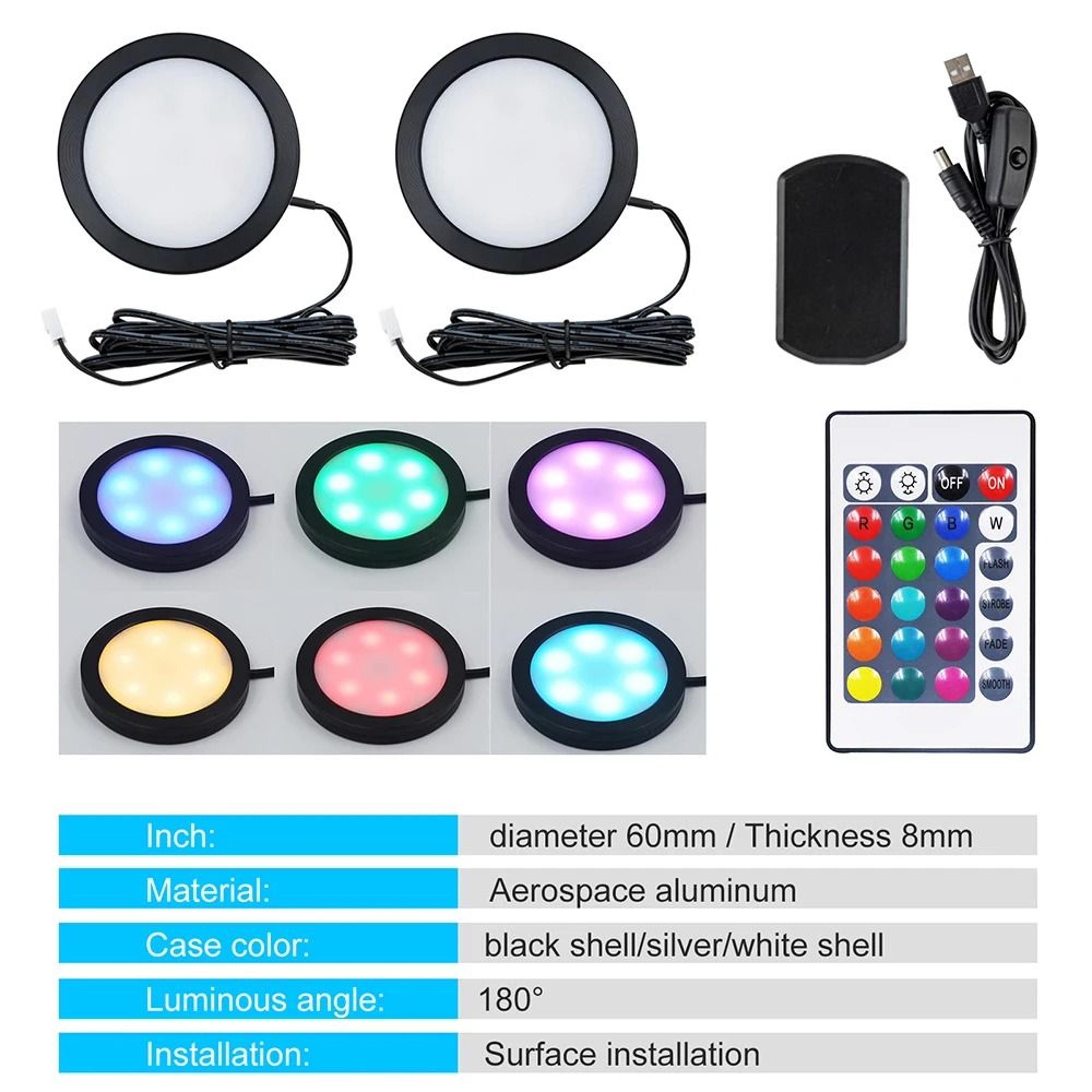 MultiPack 5V RGB LED Puck Cabinet Lights With 24Key Remote  USB Kit 7