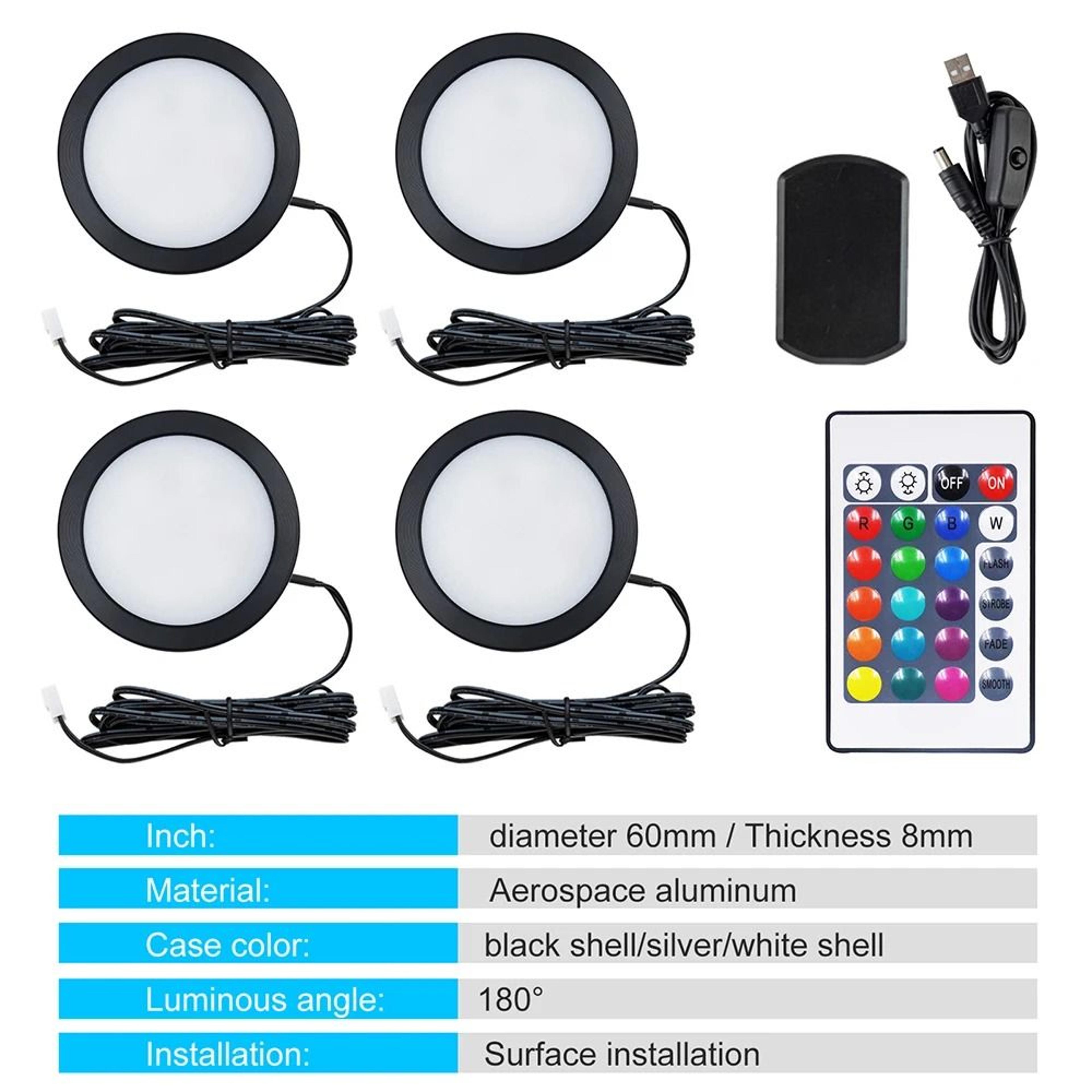 MultiPack 5V RGB LED Puck Cabinet Lights With 24Key Remote  USB Kit 8
