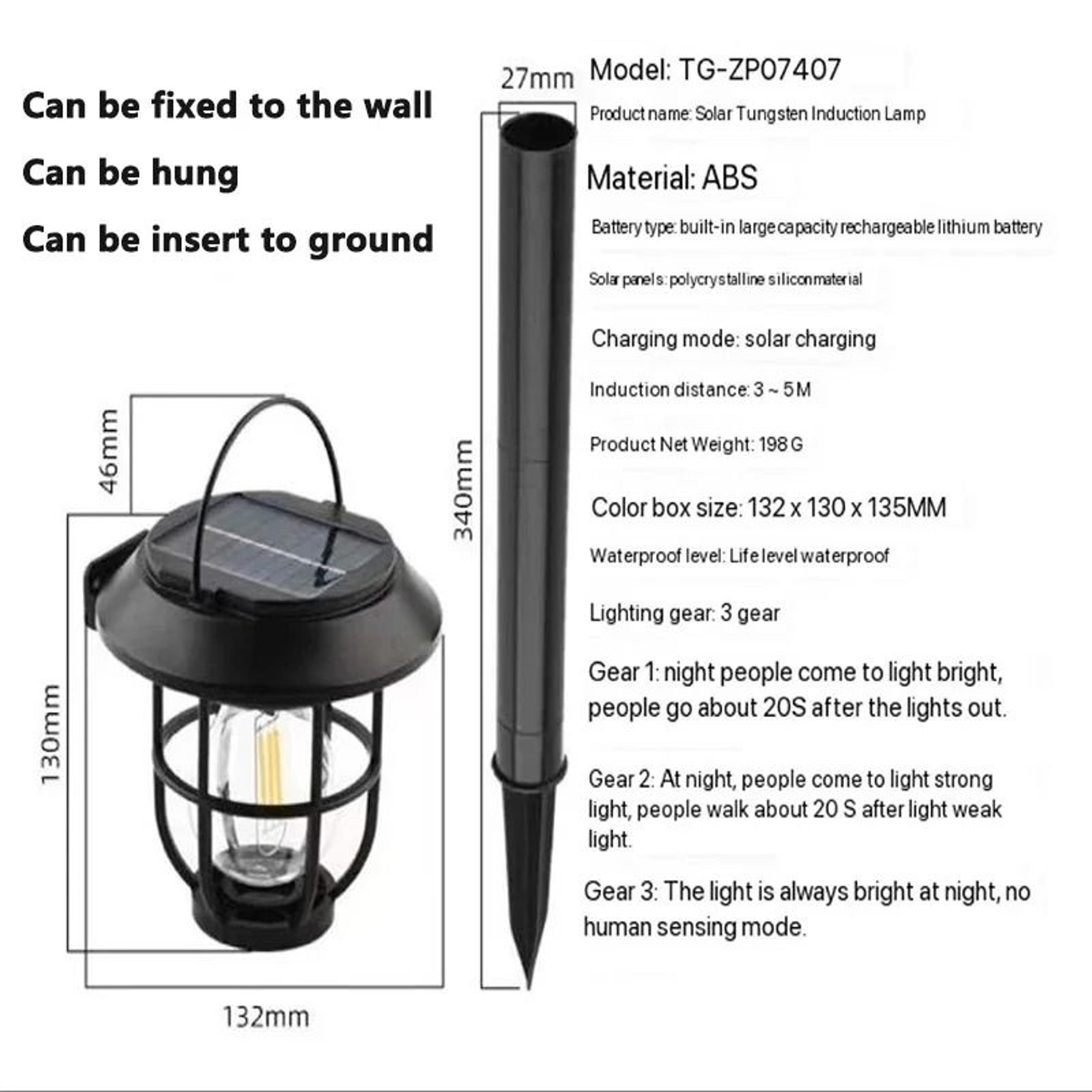 3in1 Outdoor Solar Tungsten Wall Lawn  Floor Lamp LED Motion Sensor Garden Light 7