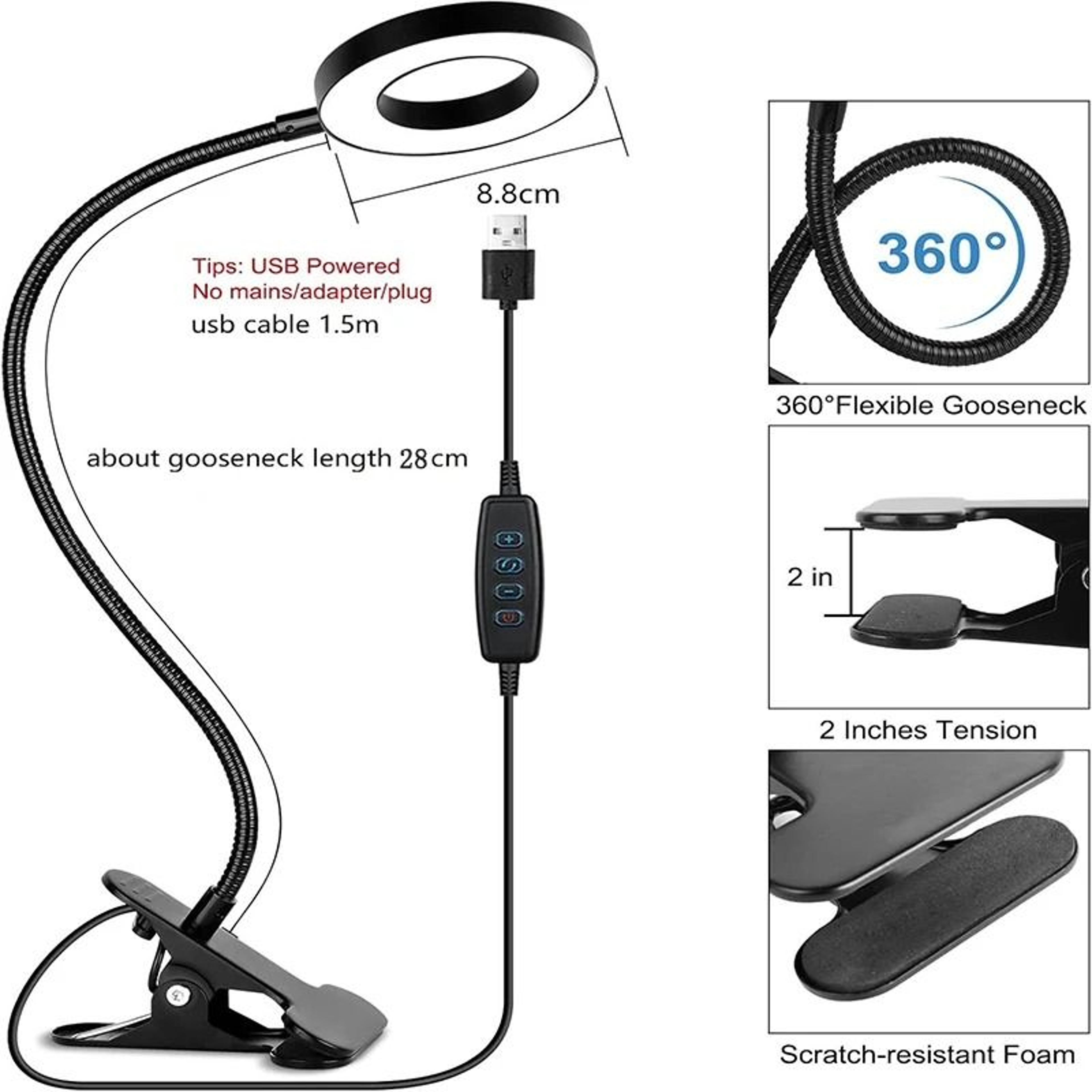 USB Clamp Reading Desk Light 3 Color Modes  10 Dimming Levels With 360 Flexible Gooseneck 6