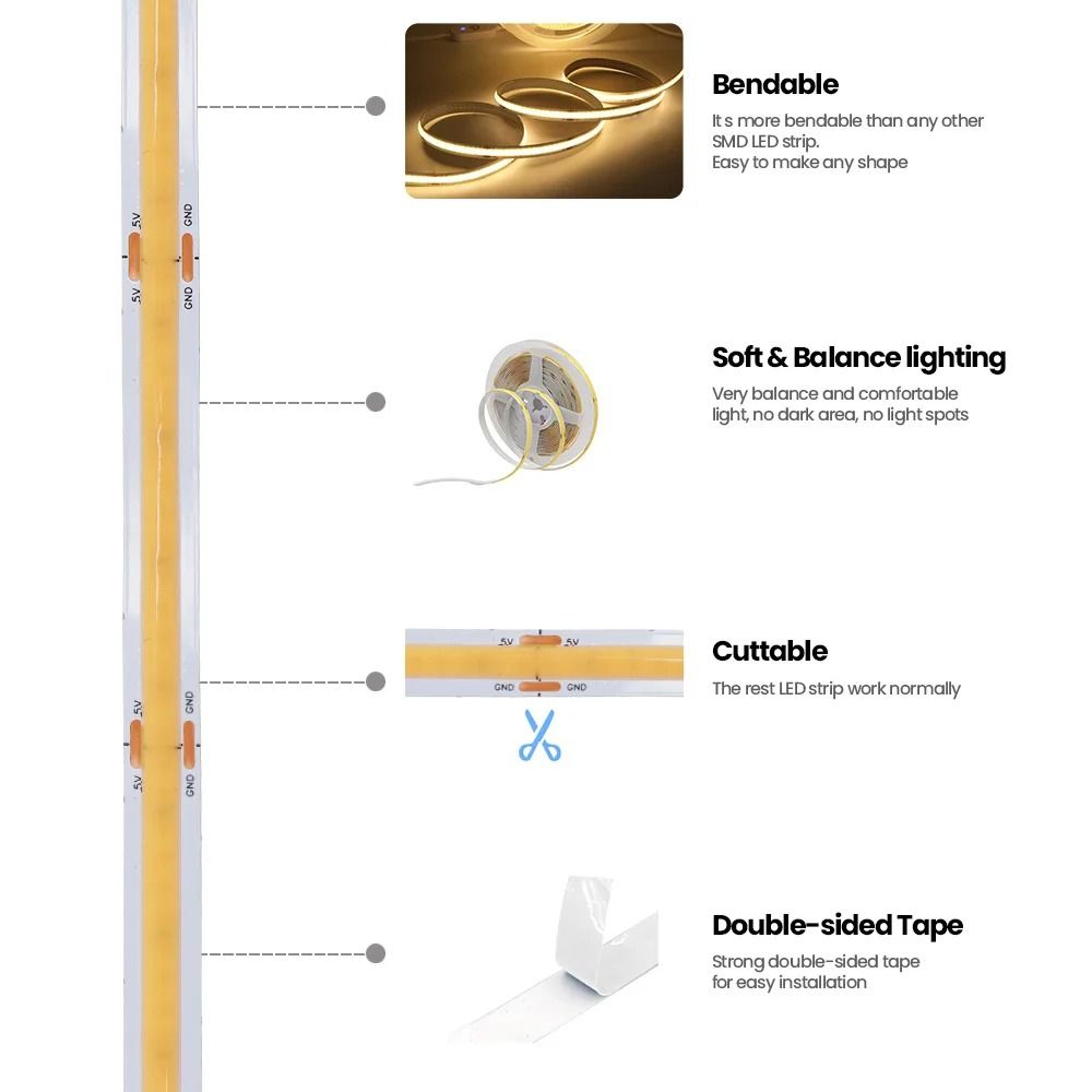 DC 5V USB COB LED Strip Light HighDensity 320 LEDsm Flexible Ribbon Tape 4