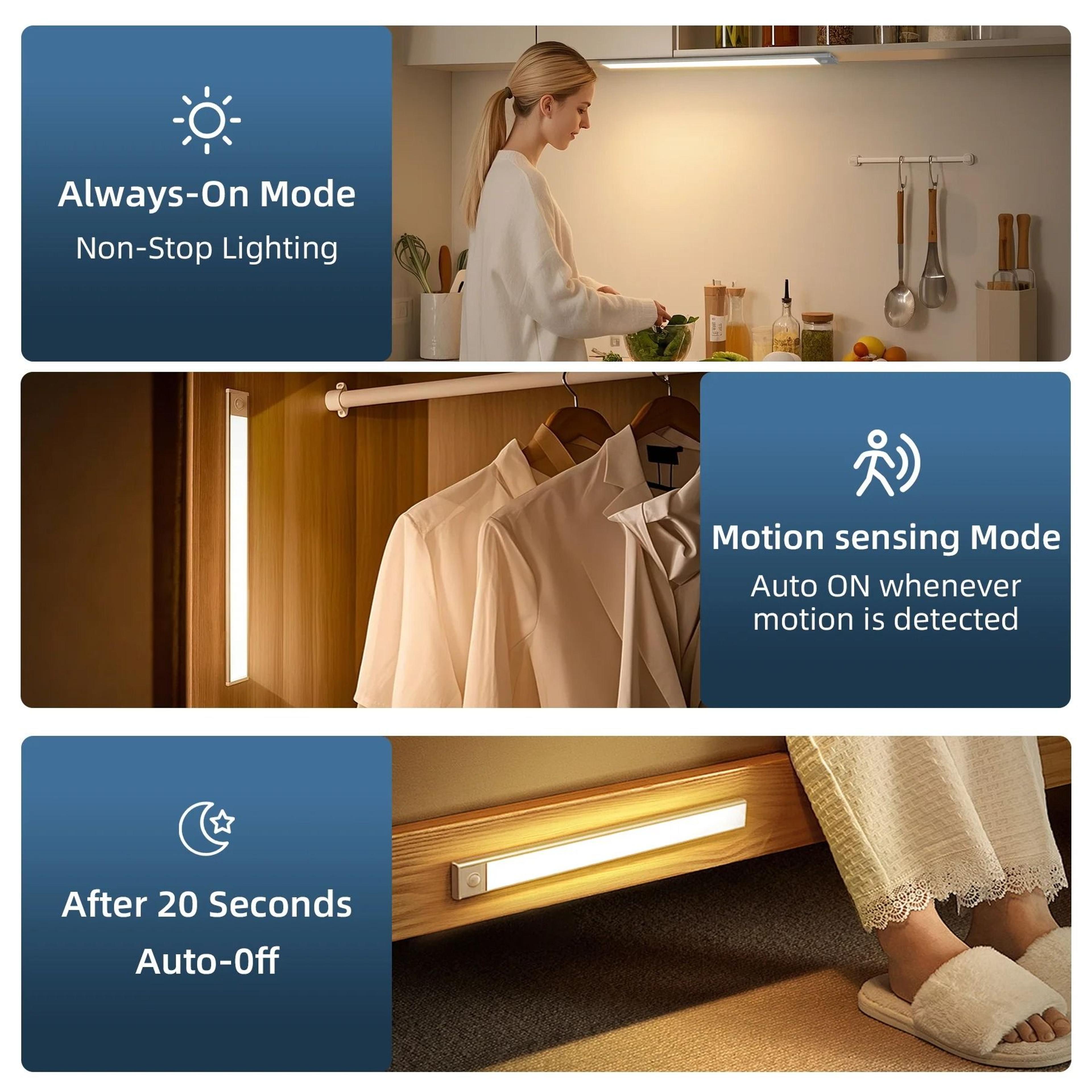Wireless Motion Sensor Under Cabinet LED Light 3 Colors Dimmable  USB Rechargeable Magnetic Bar 5