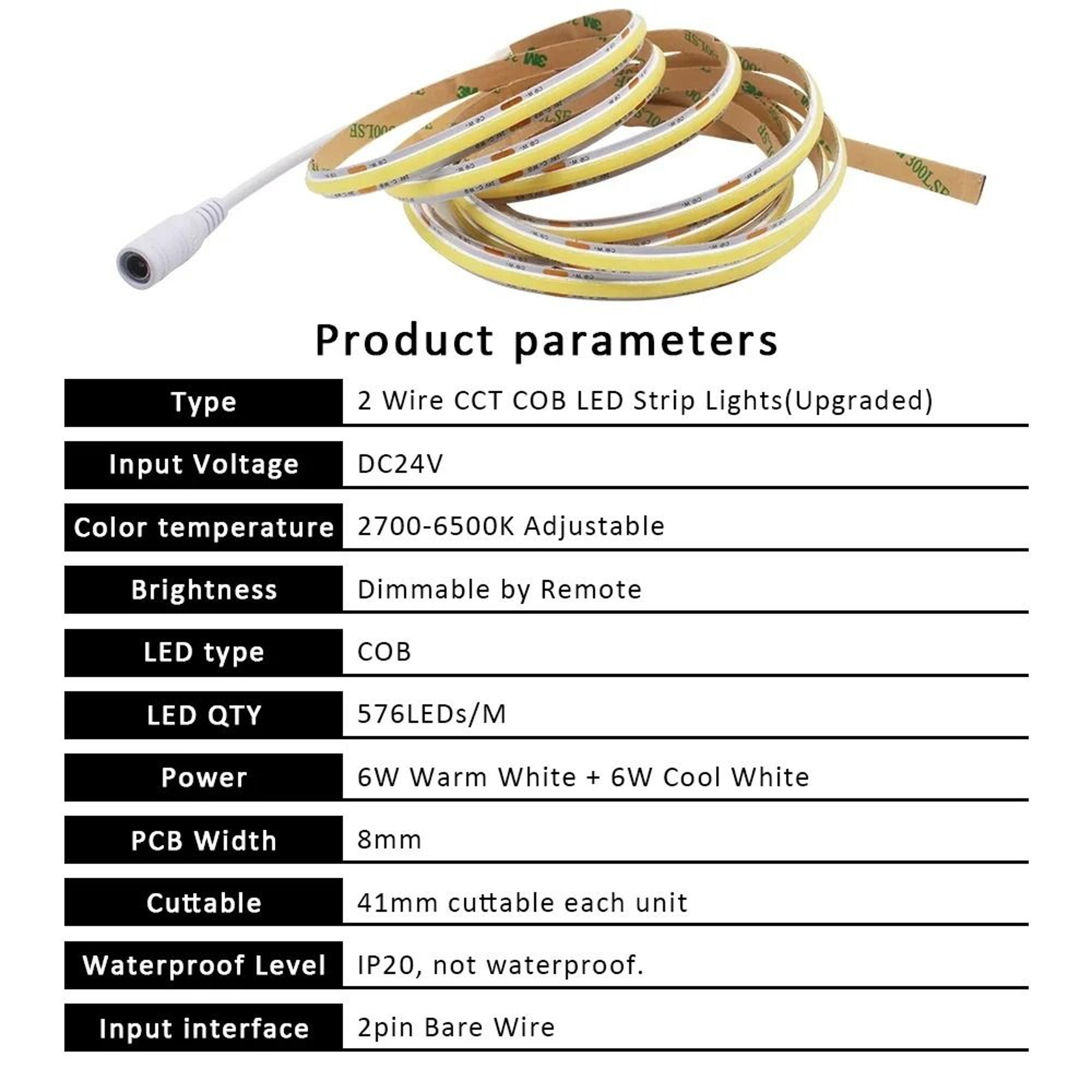 24V CCT Dimmable COB LED Strip Light Kit Dual White WWCW Flexible Ribbon With 17Key RF Remote 1