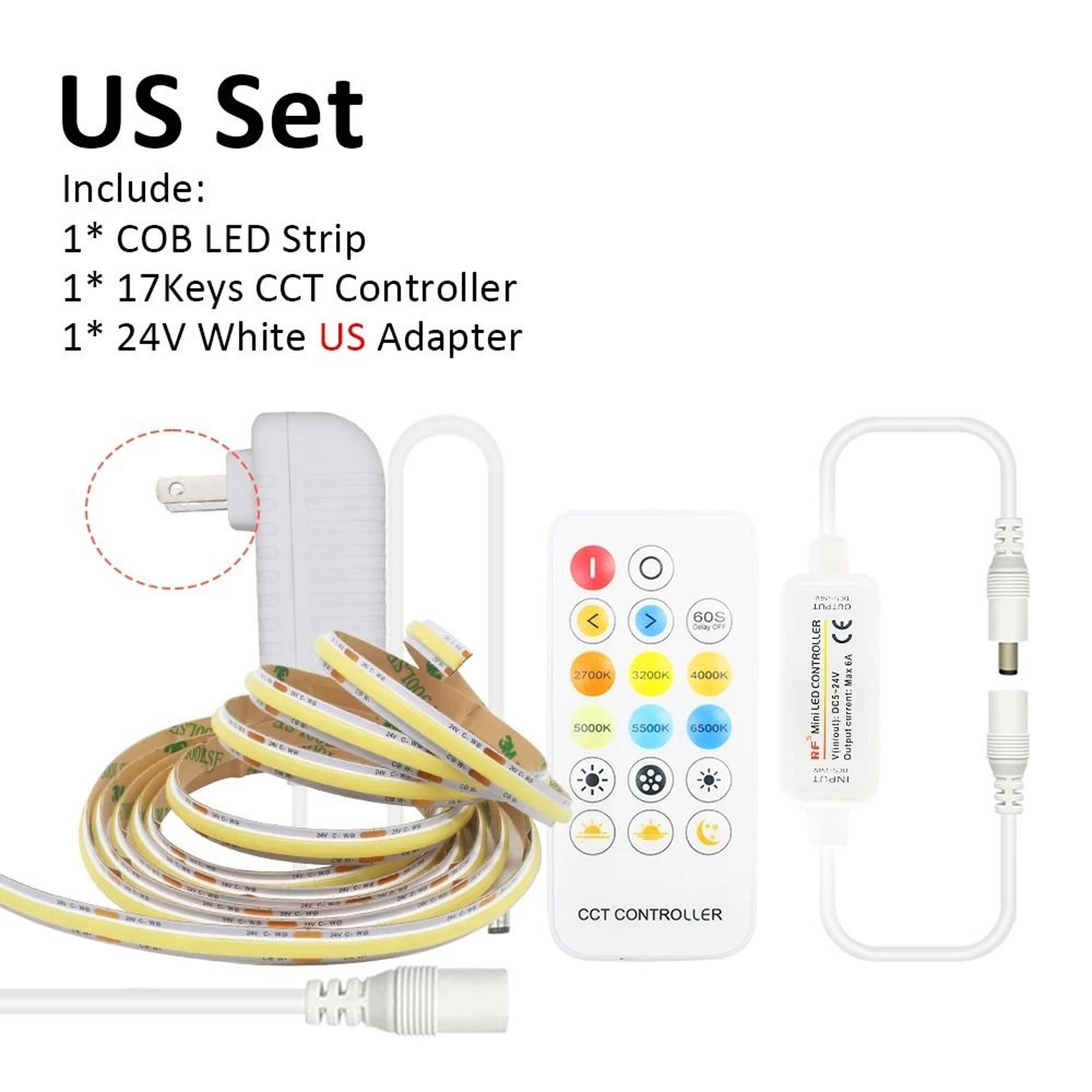 24V CCT Dimmable COB LED Strip Light Kit Dual White WWCW Flexible Ribbon With 17Key RF Remote 7