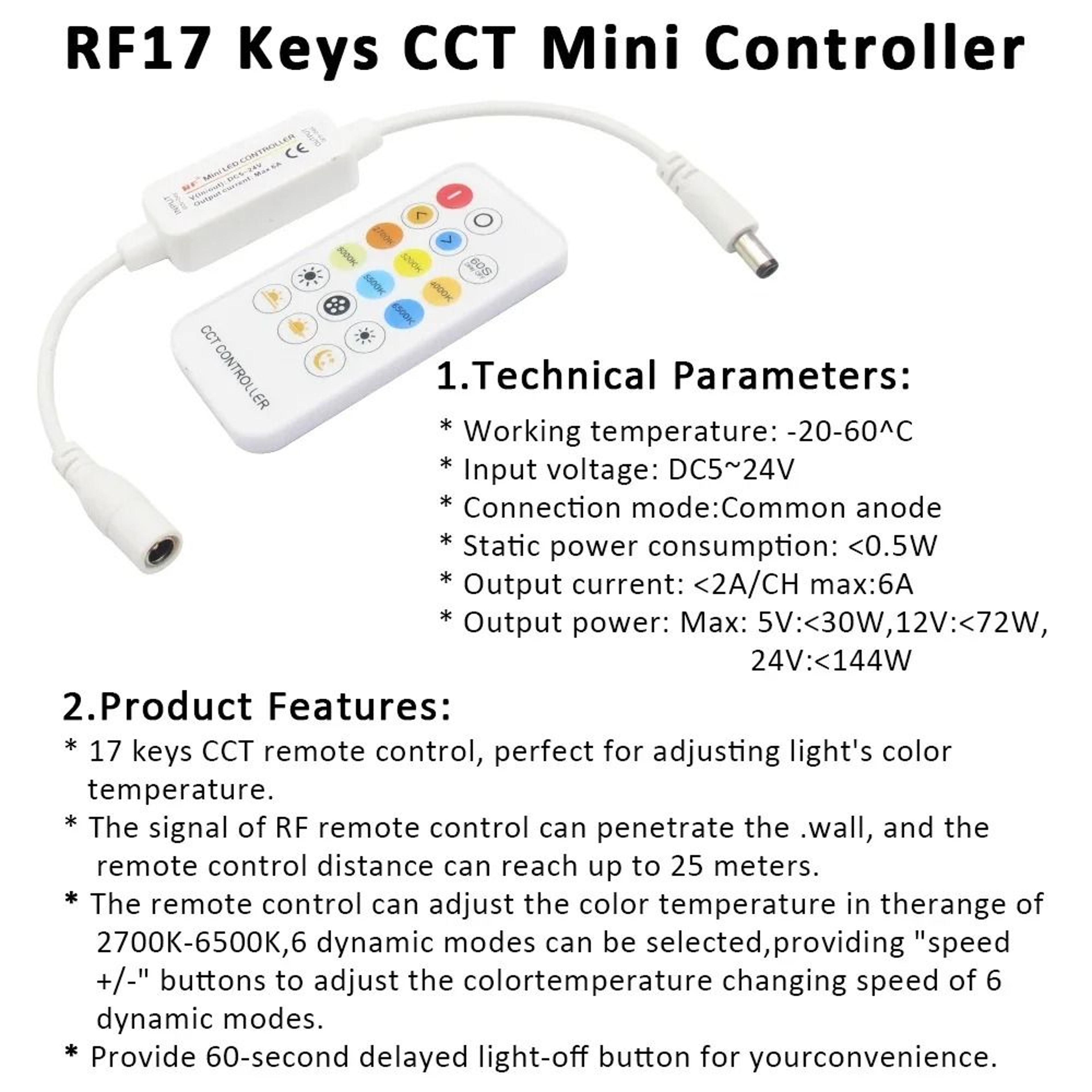24V CCT Dimmable COB LED Strip Light Kit Dual White WWCW Flexible Ribbon With 17Key RF Remote 5
