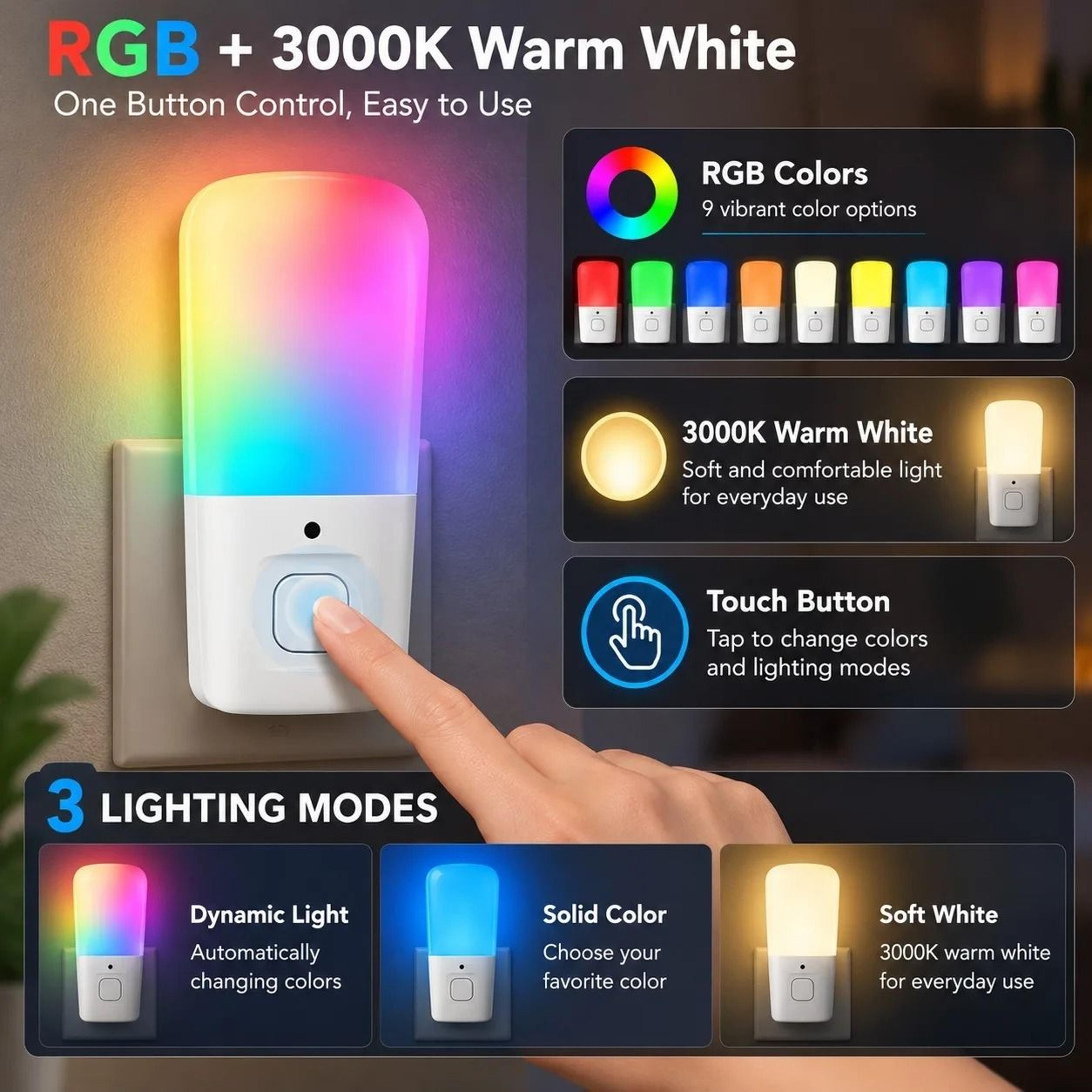 Melery Dusk To Dawn Plugin RGB Night Light 05W Low Power Sensor Control Color Changing LED Lamp 3