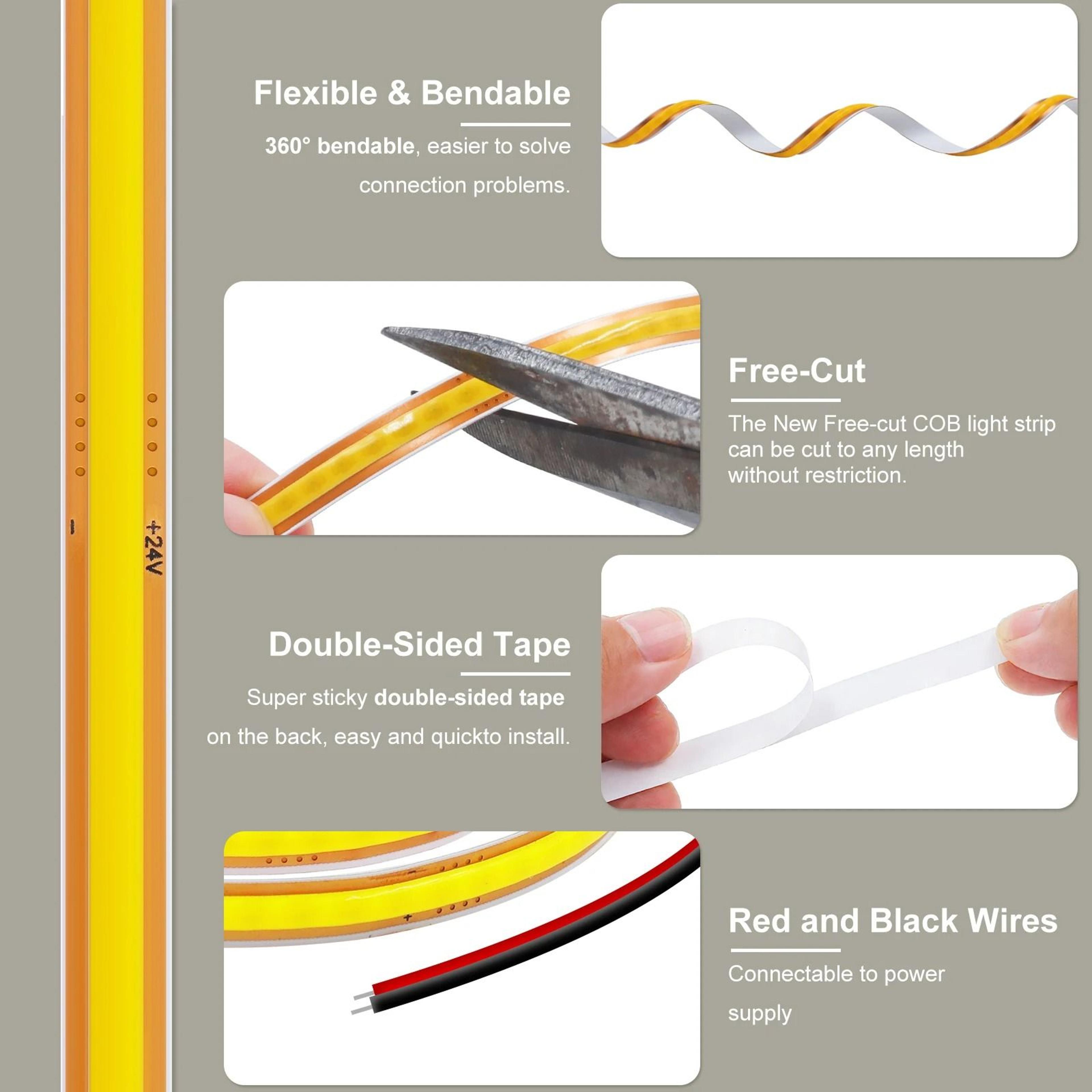 FlexCut COB LED Strip Light High Density 400LEDsm Tape With DC Plug  Wire 1