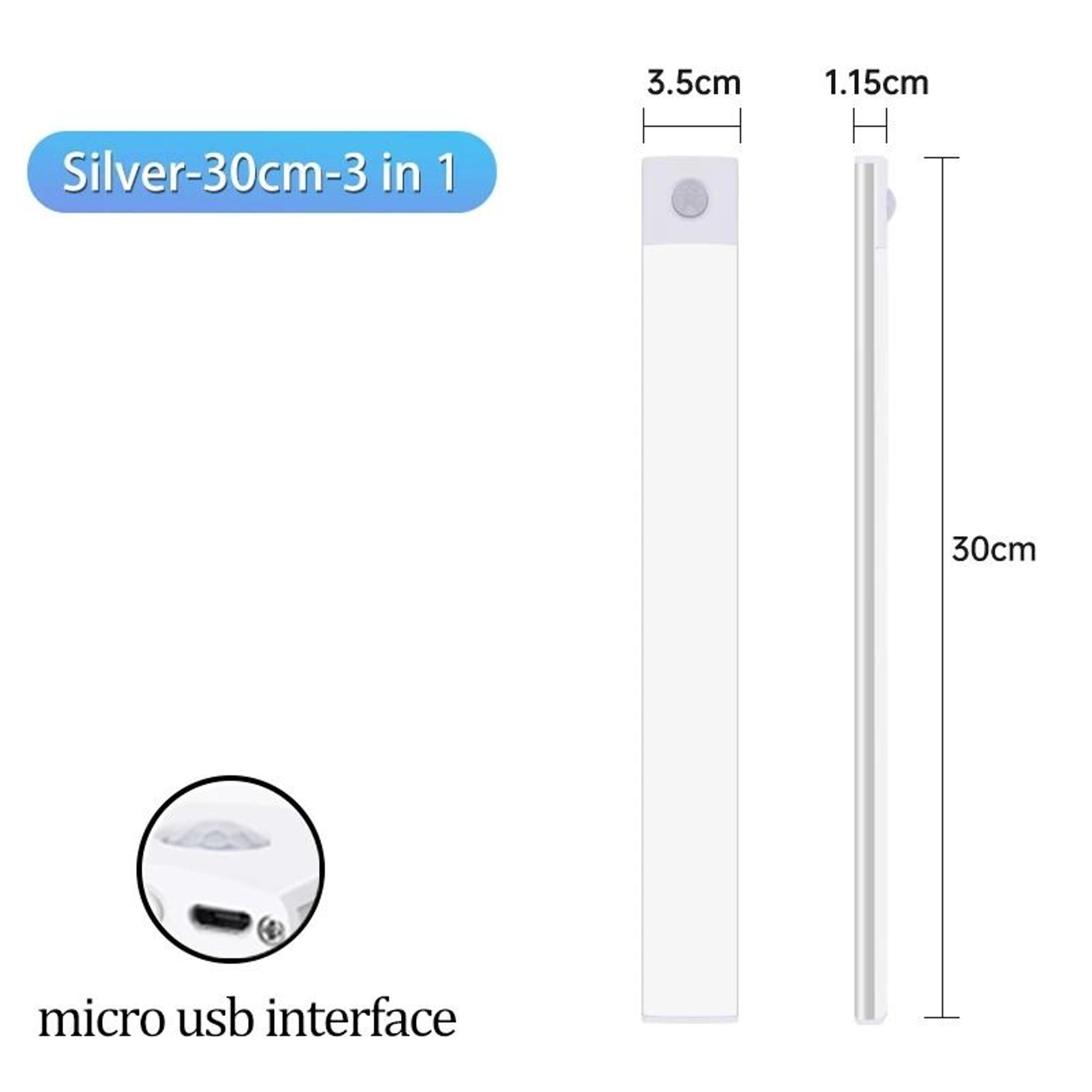 3in1 Color Motion Sensor LED Cabinet Light Bar USB Rechargeable 10cm50cm 10