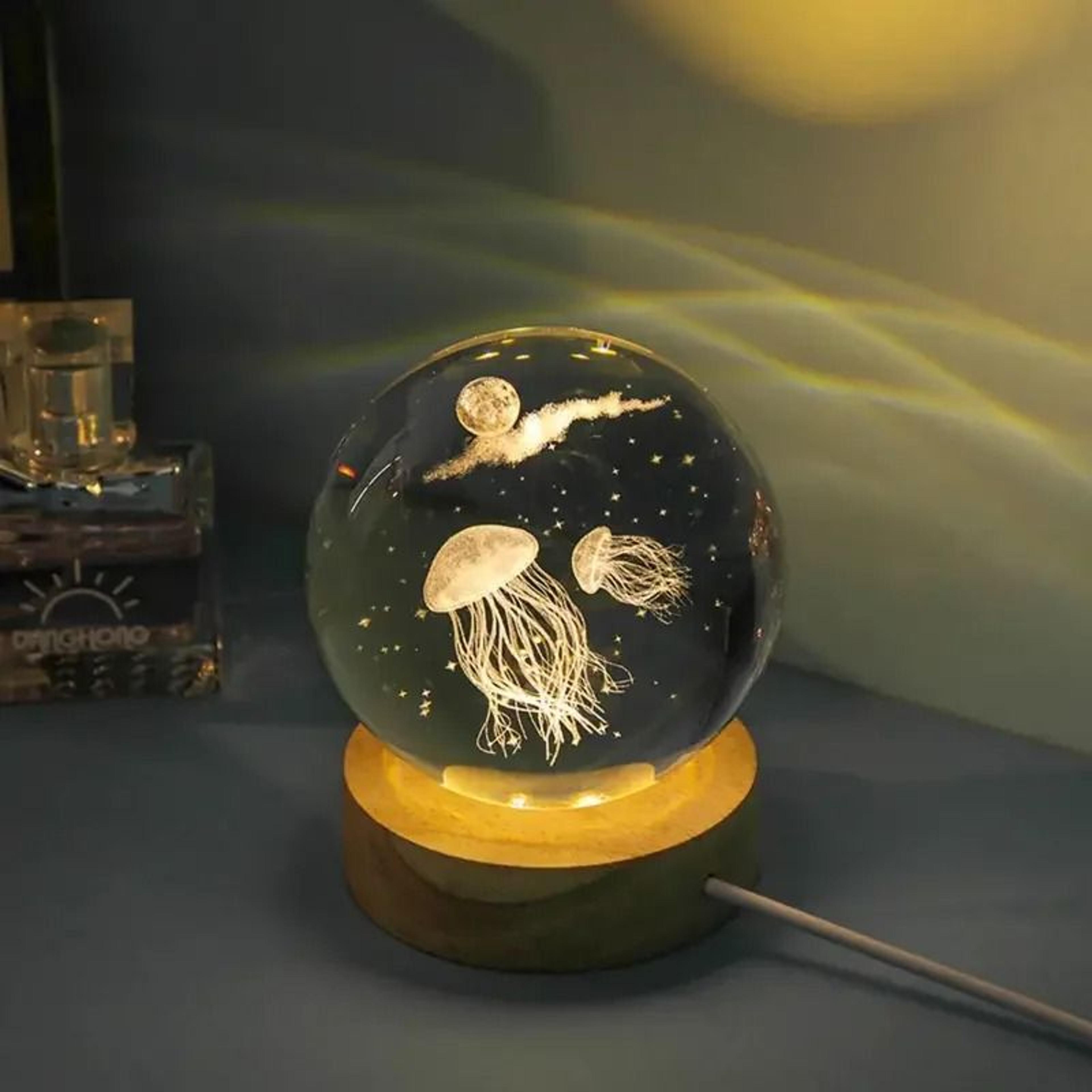 3D LaserEngraved Jellyfish Crystal Ball LED Night Light Glowing Glass Sphere Desktop Decor 4