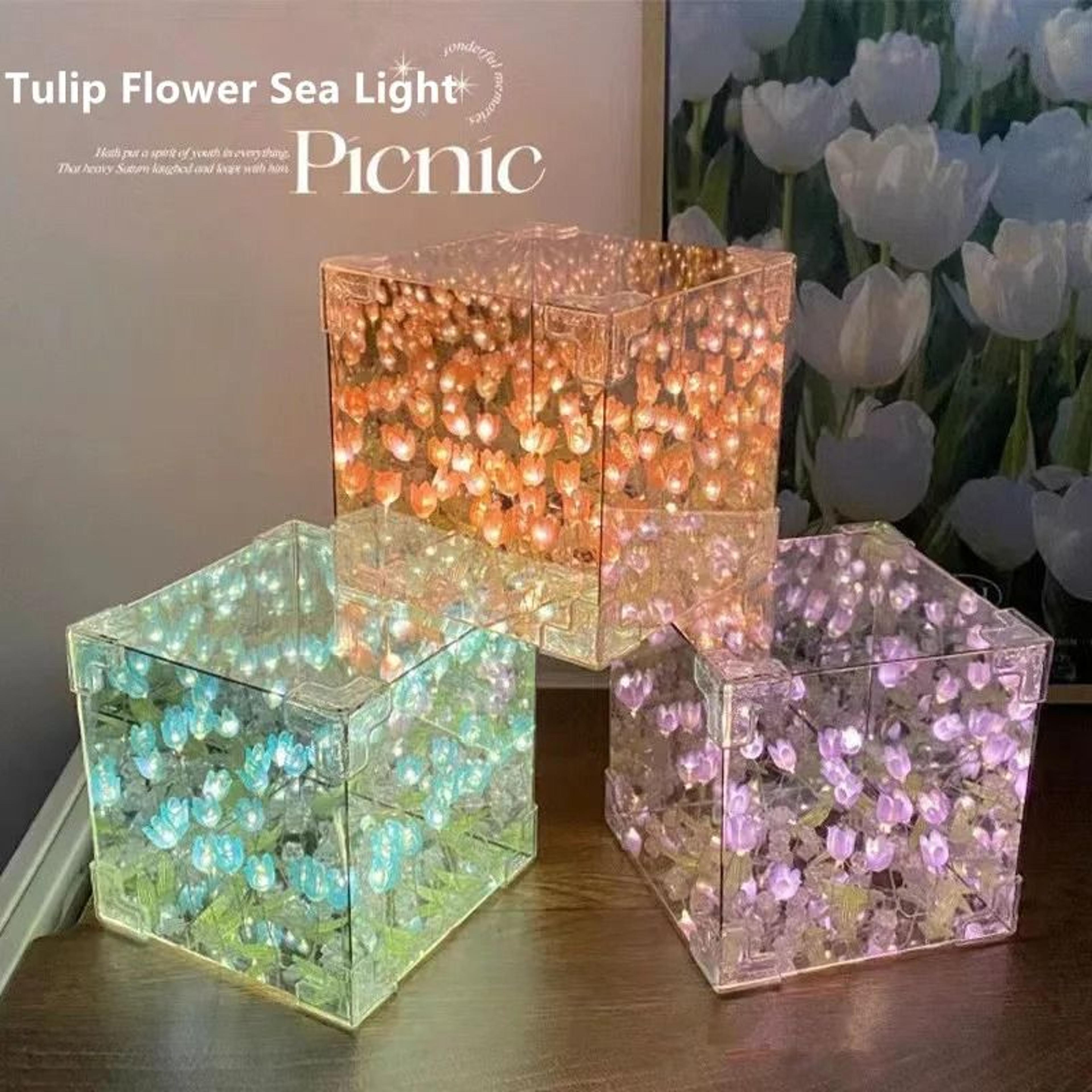 diy handmade tulip mirror cube night light simulation flower sleeping table lamp