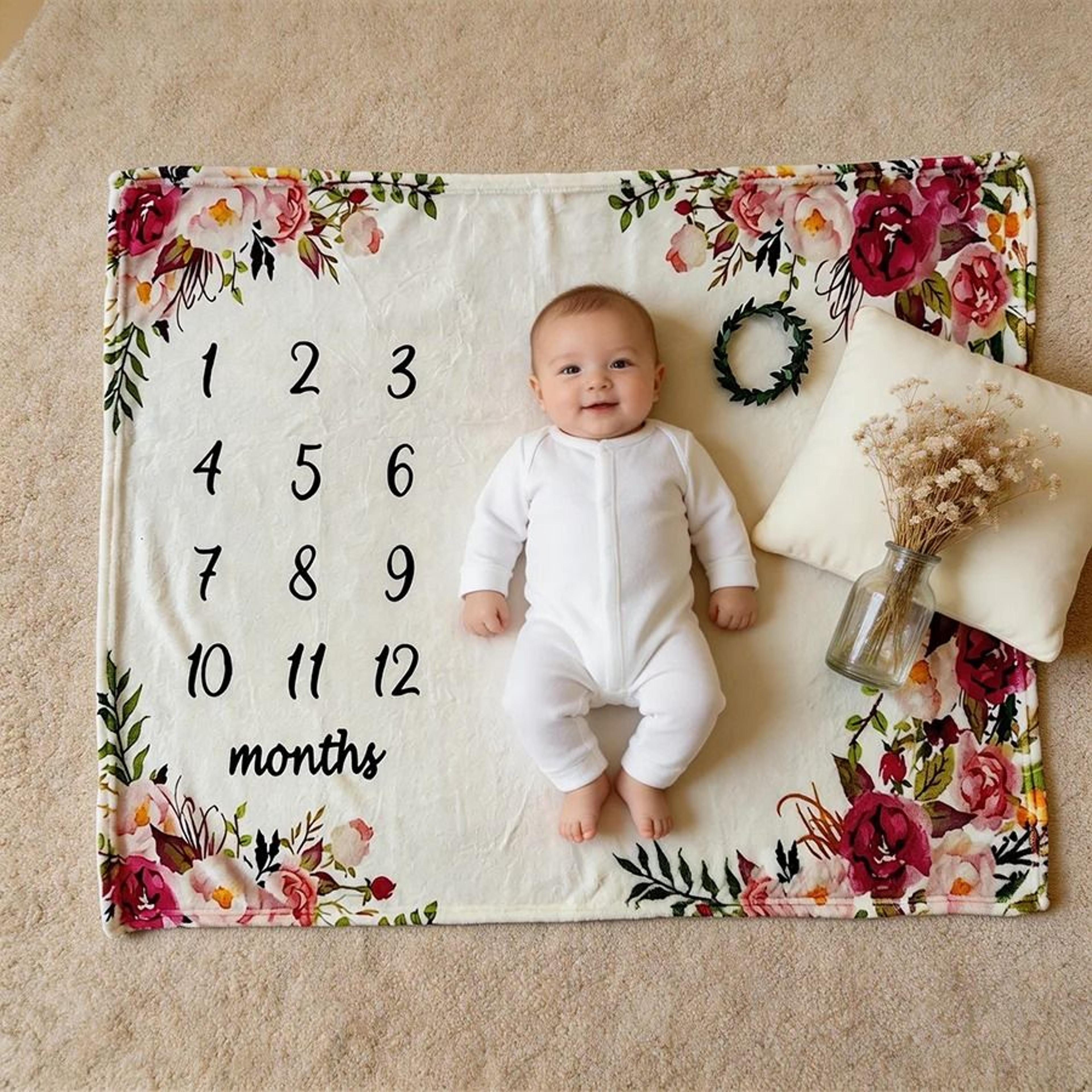 newborn milestone blanket set - monthly growth photo background with wooden prop disc card