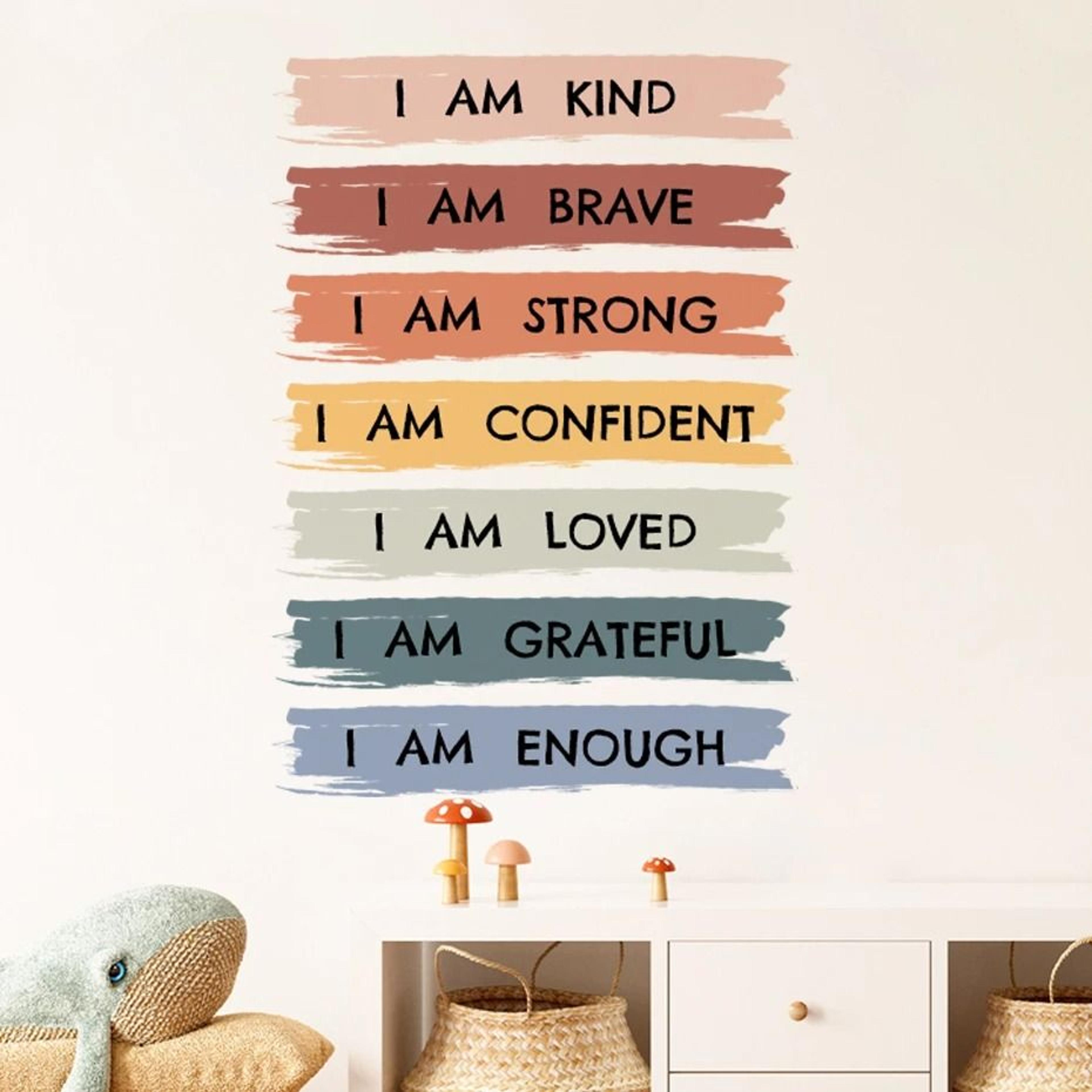"i am kind, i am brave, i am loved" inspirational wall decal - positive affirmations vinyl wall sticker for kids & adult