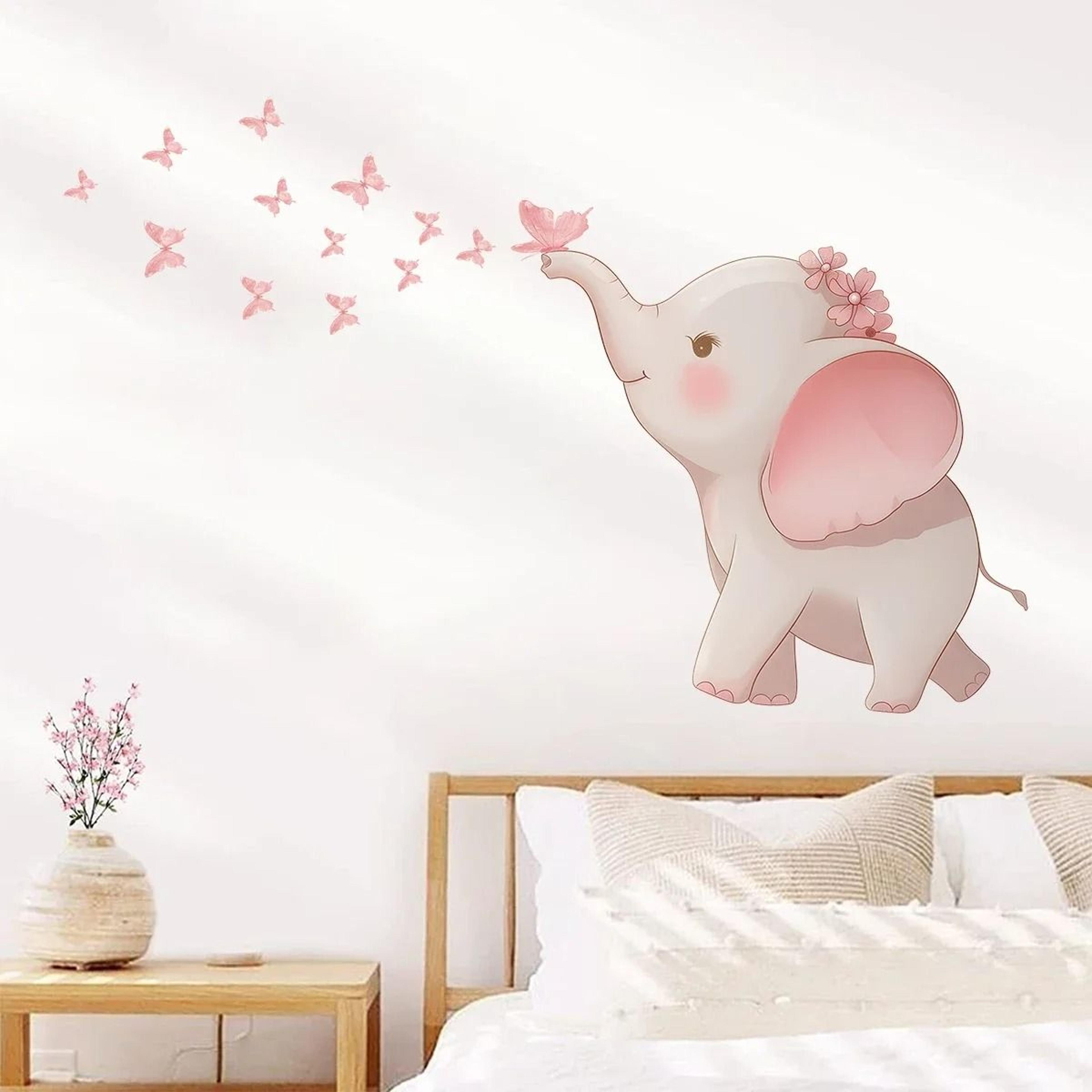 cartoon cute elephant & butterflies wall stickers - nursery & kids room vinyl wall decals